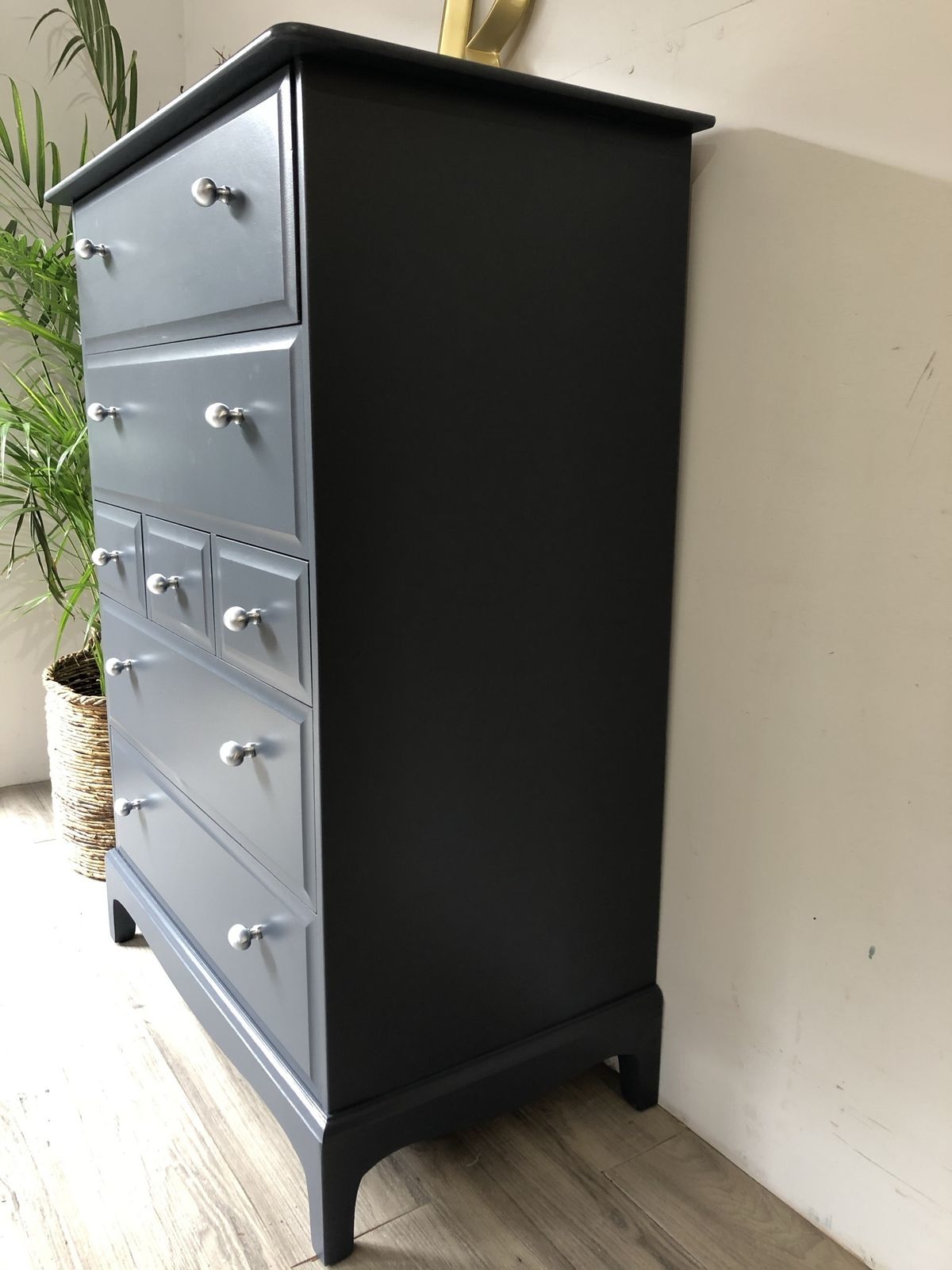 photo furniture Stag Minstrel Tallboy Chest Of Drawers Blue Satin Chrome Knobs