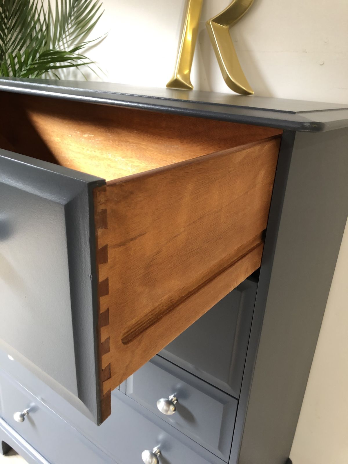 photo for sale Stag Minstrel Tallboy Chest Of Drawers Blue Satin Chrome Knobs