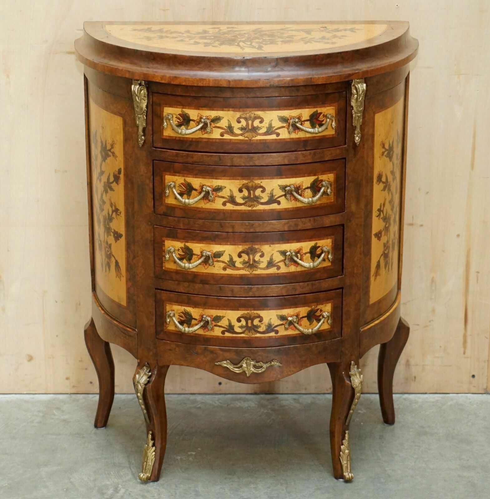 Lovely French Vintage Painted Circa 1940's Burr Walnut Brass Demi Lune Drawers photo for sale