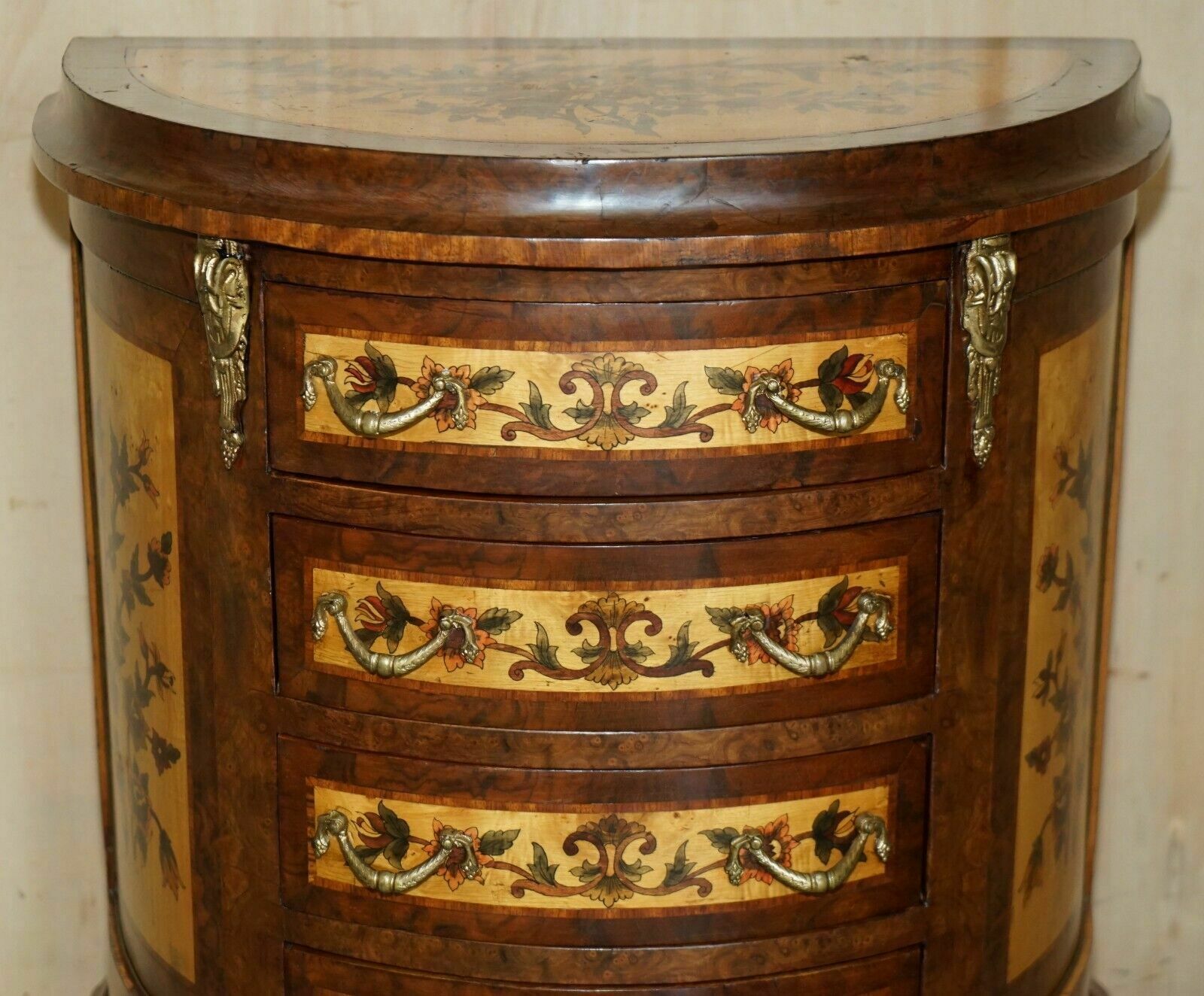 Lovely French Vintage Painted Circa 1940's Burr Walnut Brass Demi Lune Drawers photo Furniture