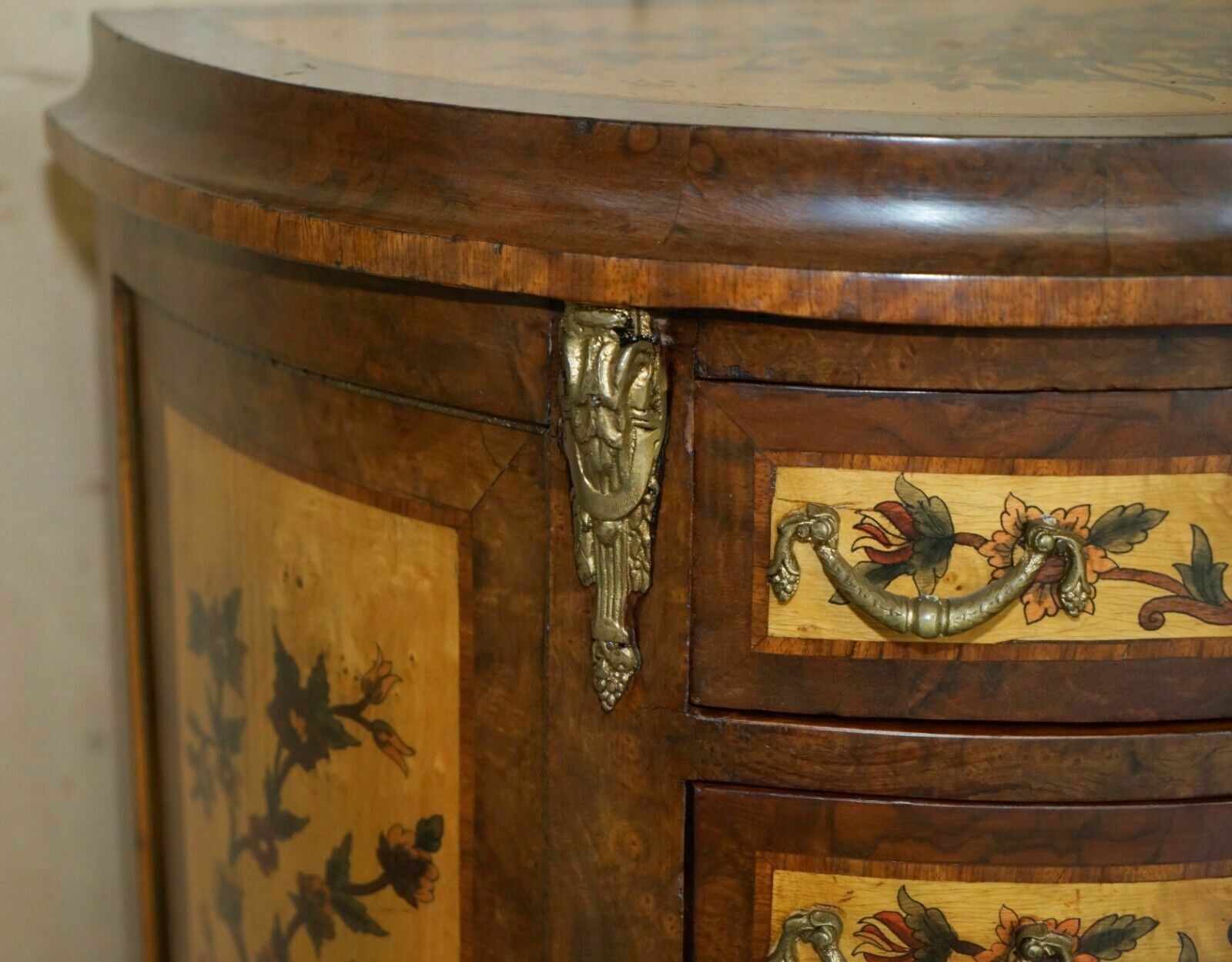 photo furniture Lovely French Vintage Painted Circa 1940's Burr Walnut Brass Demi Lune Drawers