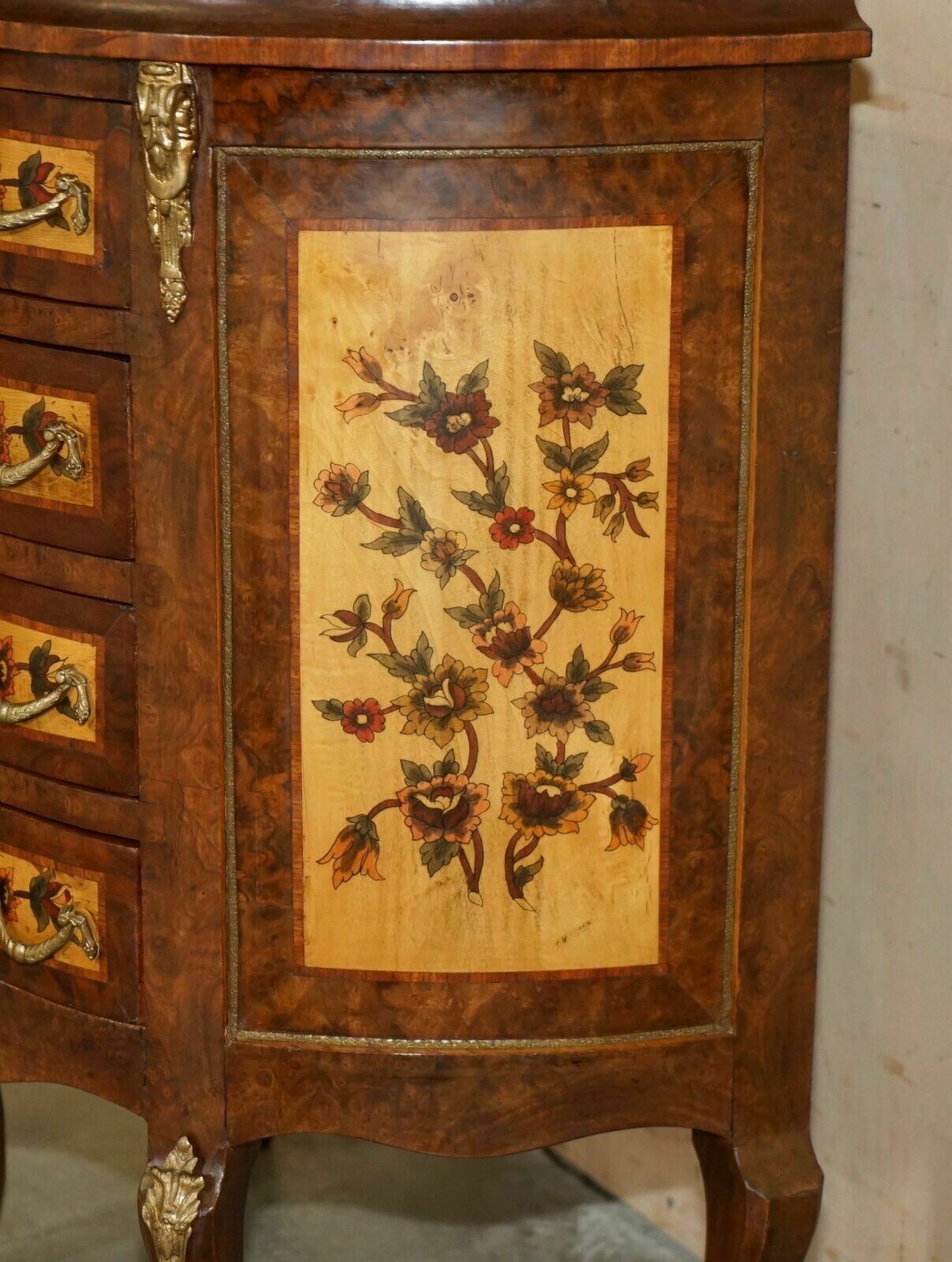 photo for sale Lovely French Vintage Painted Circa 1940's Burr Walnut Brass Demi Lune Drawers