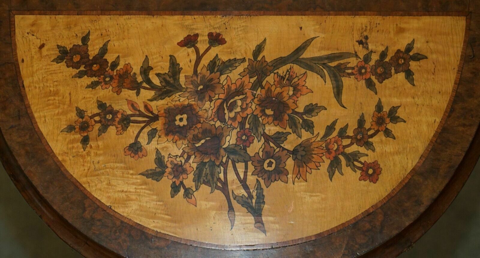 photo buy Lovely French Vintage Painted Circa 1940's Burr Walnut Brass Demi Lune Drawers