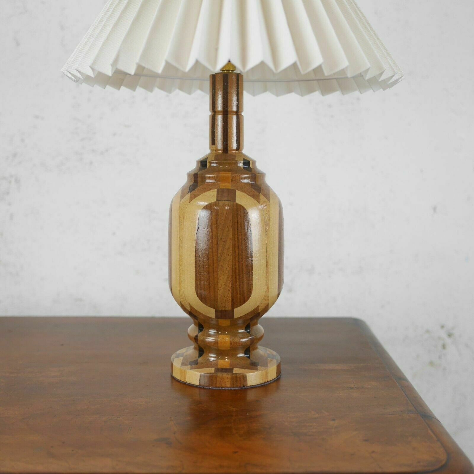 Vintage Mid Century Two Tone Wood Teak Table Lamp Shade Danish Era photo for sale