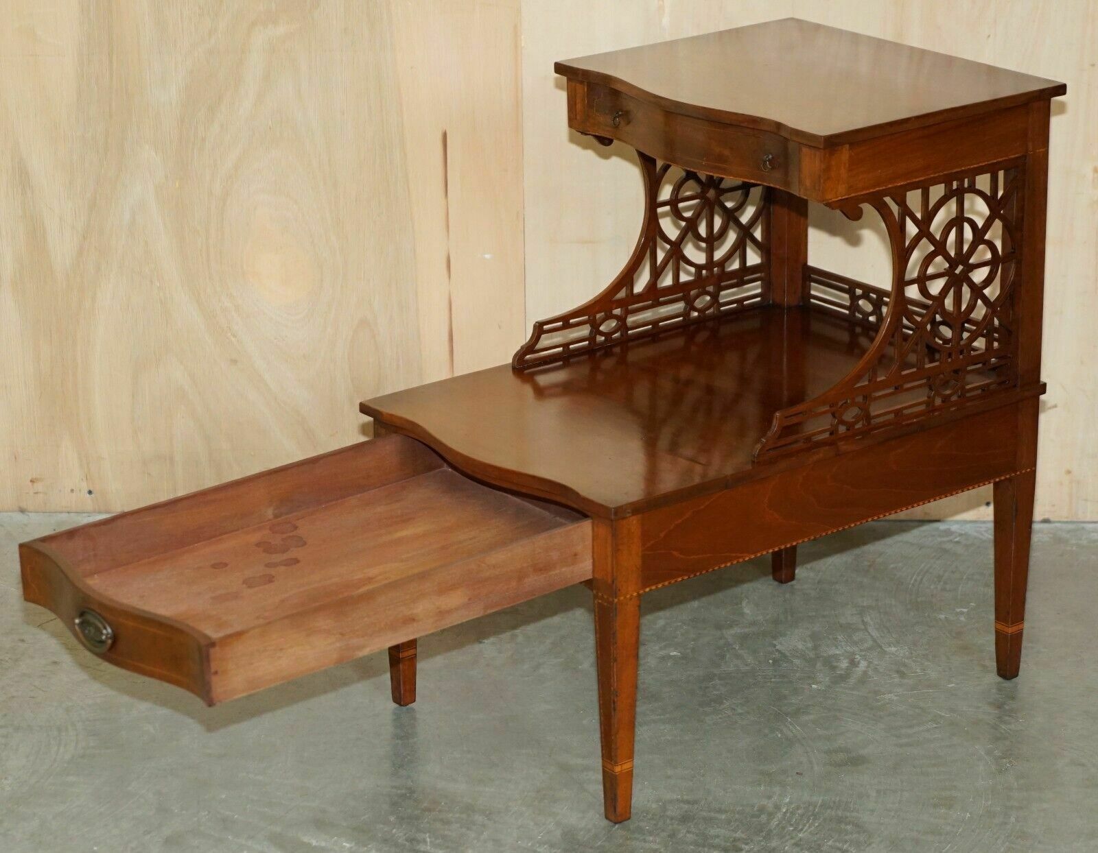 photo buy Pair Of Walnut Fret Work Carved Thomas Chippendale Sheraton Revival Side Tables