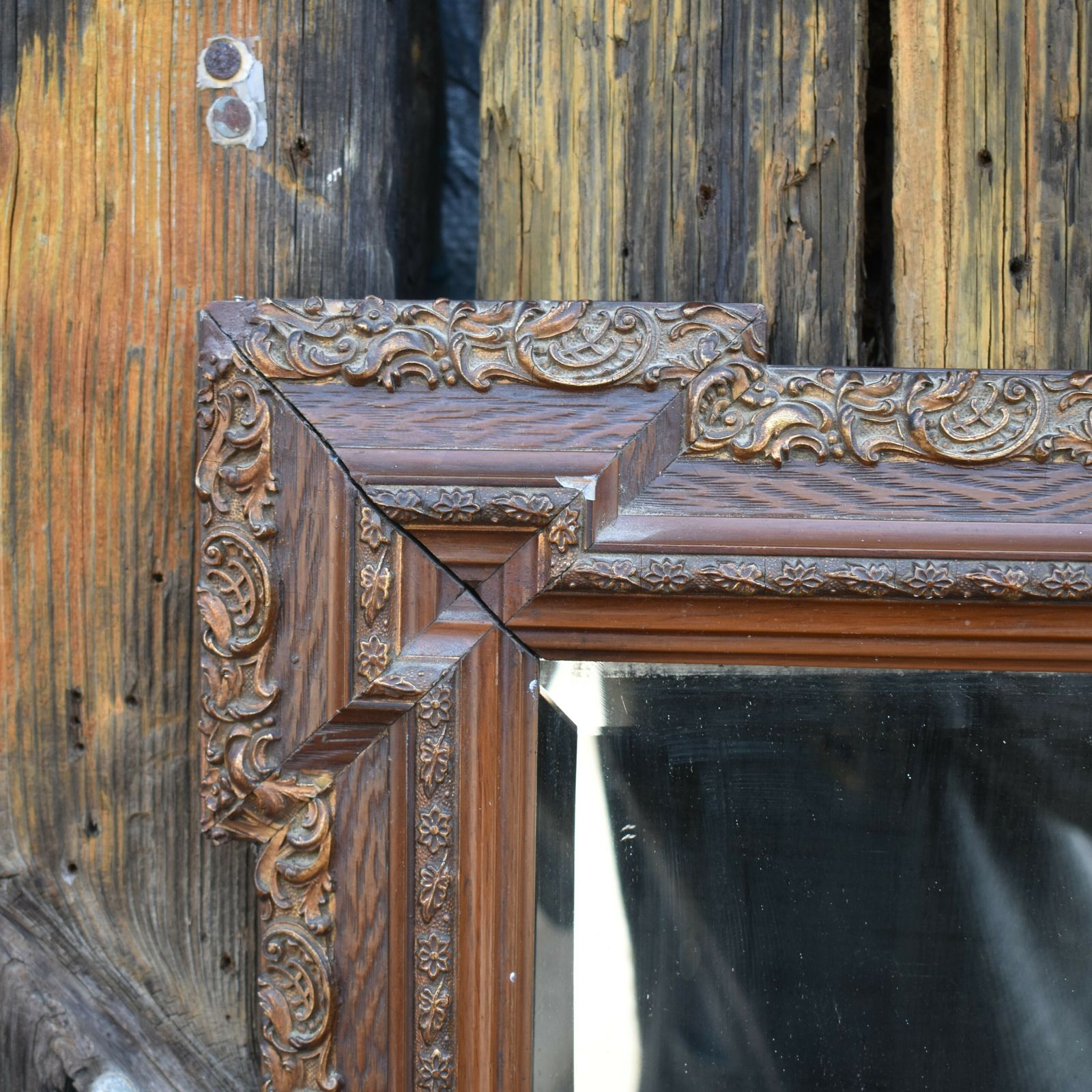 Antique 19th Century Fine Detail Oak And Ormolu Carved Mount Beveled Wall Mirror photo for sale