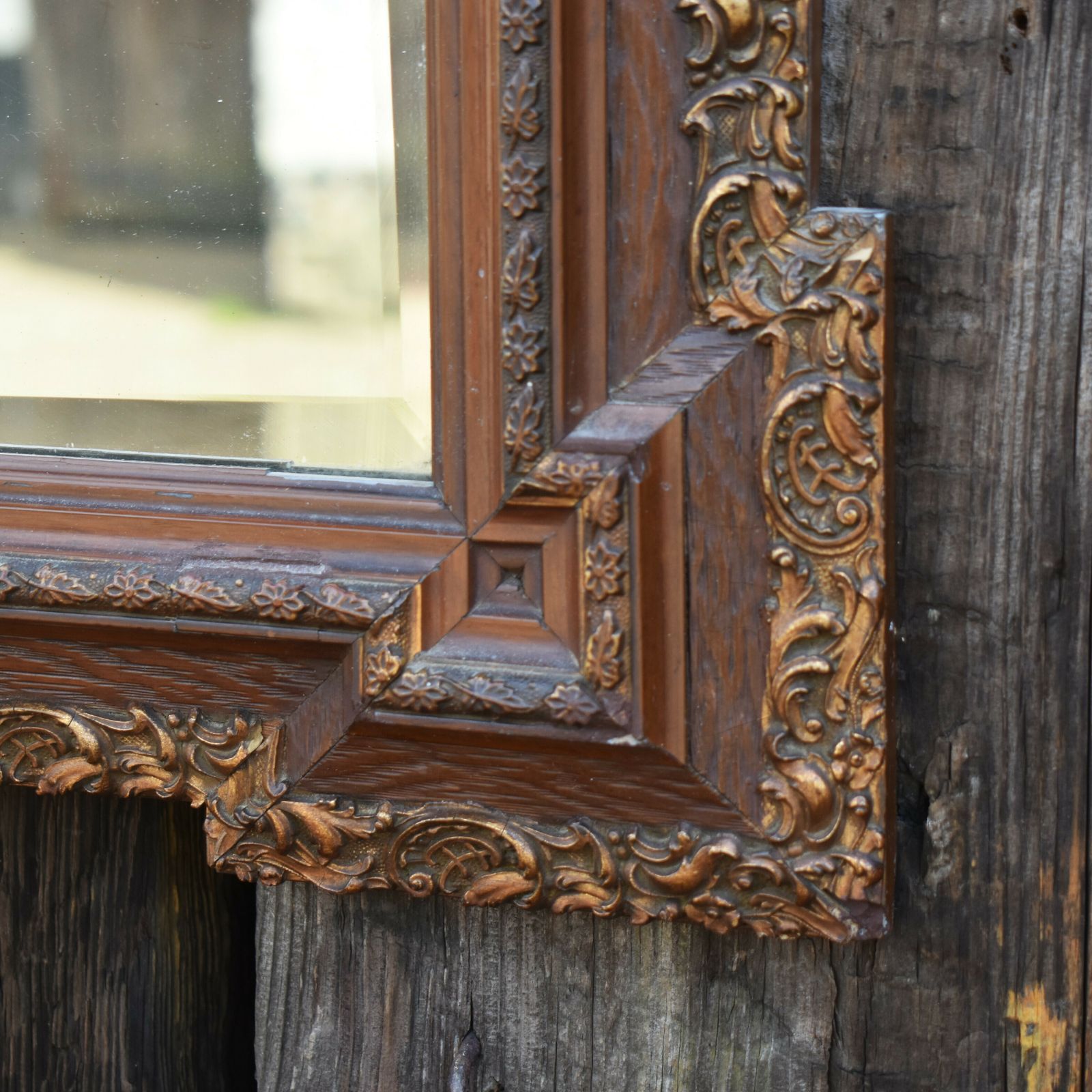 Antique 19th Century Fine Detail Oak And Ormolu Carved Mount Beveled Wall Mirror photo Home Decor