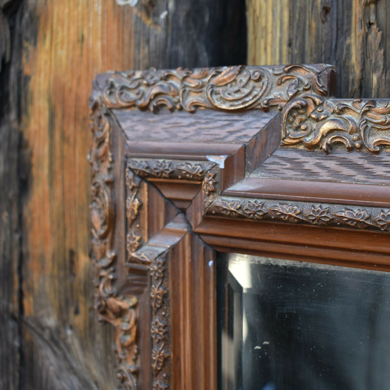 Antique 19th Century Fine Detail Oak And Ormolu Carved Mount Beveled Wall Mirror photo vintage