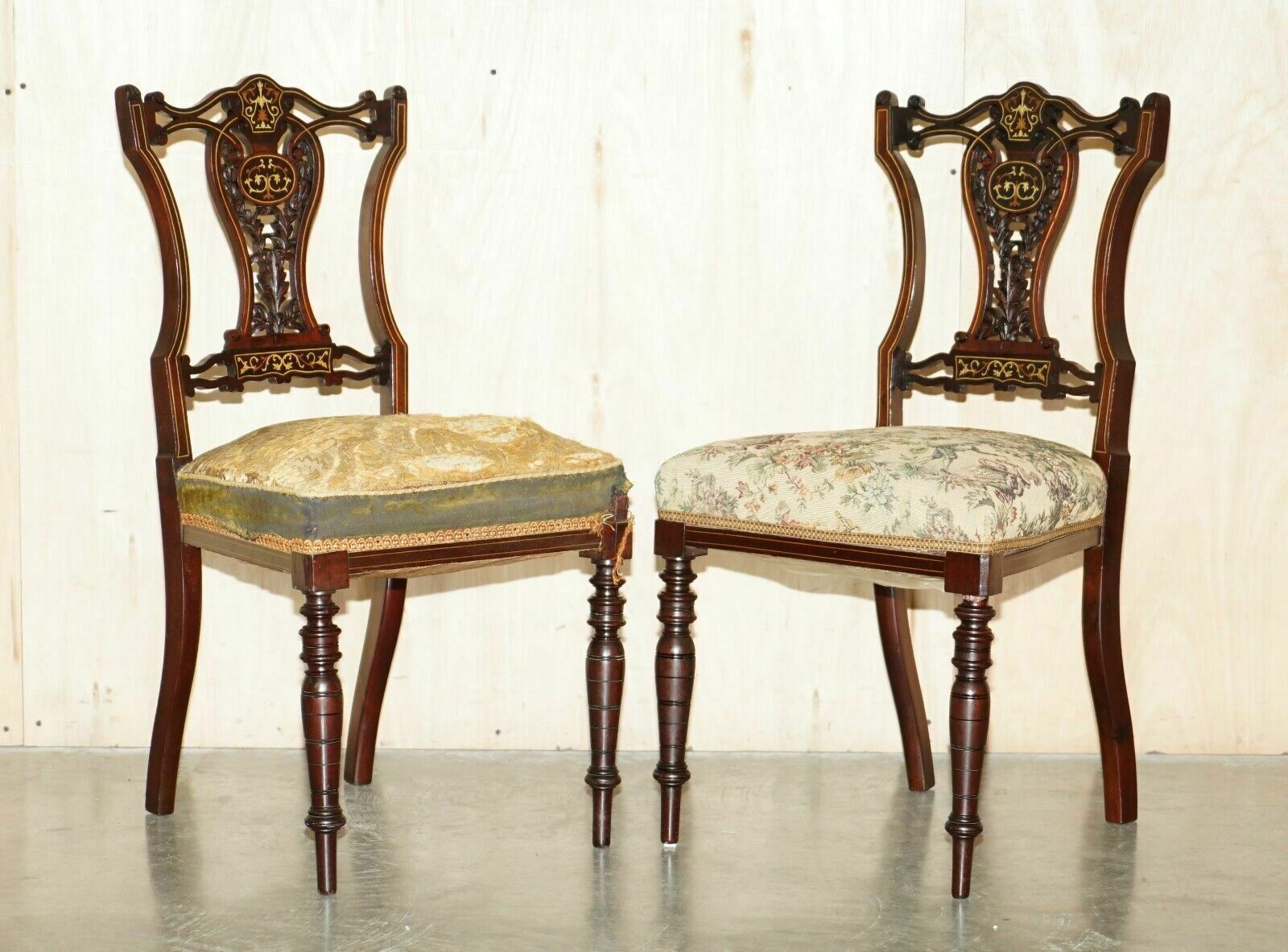 Pair Of Antique Victorian Rosewood Salon Chairs With Stunning Inlaid Back Panels