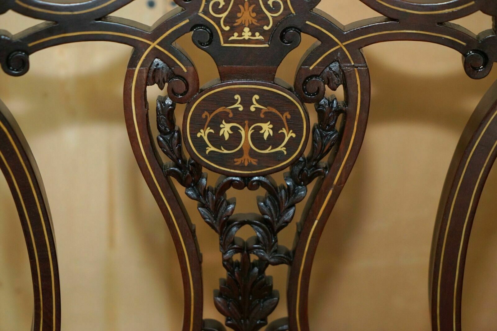 Pair Of Antique Victorian Rosewood Salon Chairs With Stunning Inlaid Back Panels photo vintage