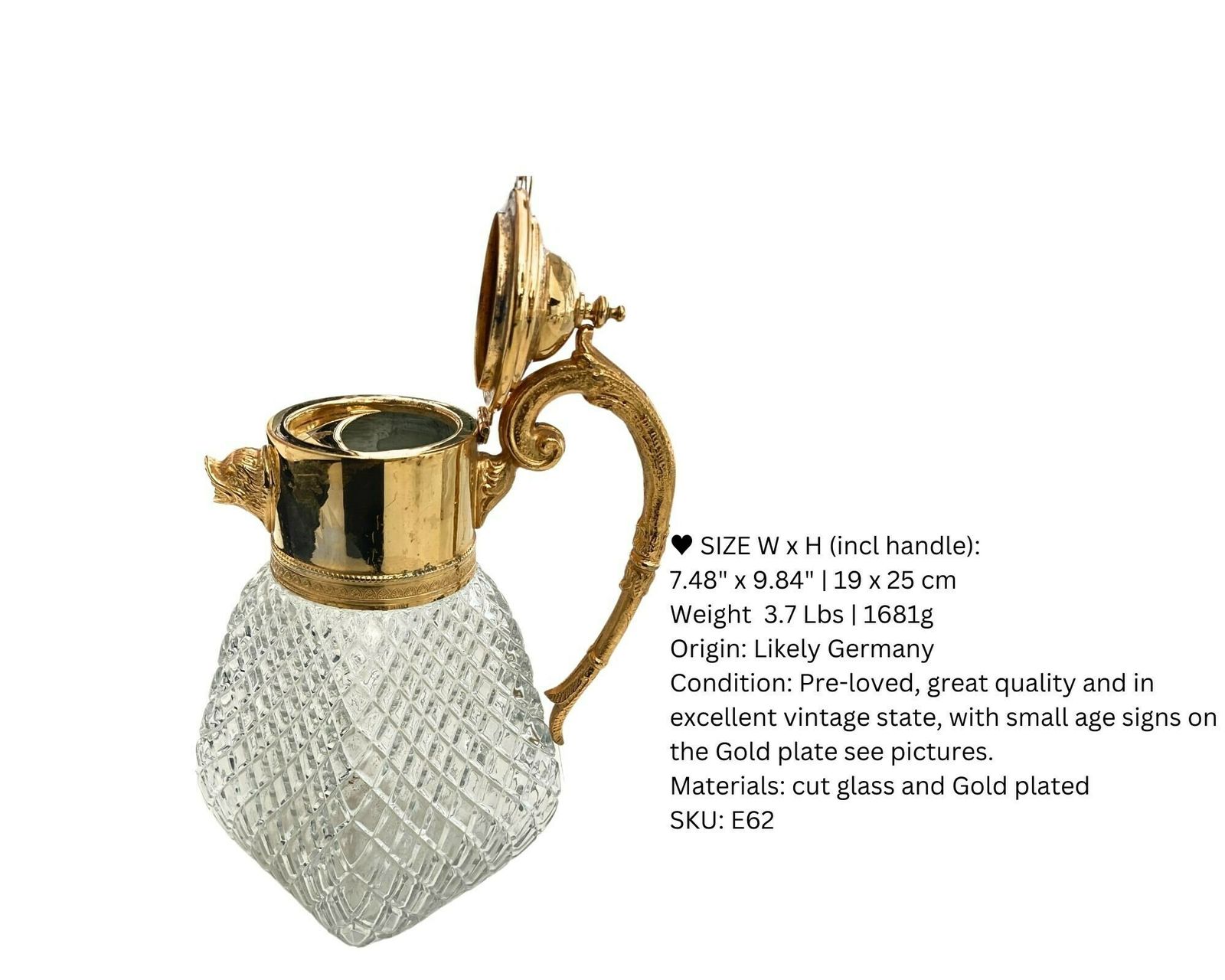 Gold Decanter Jug | Lions Mouth Opening For Water | 1950 1970s photo 300.0