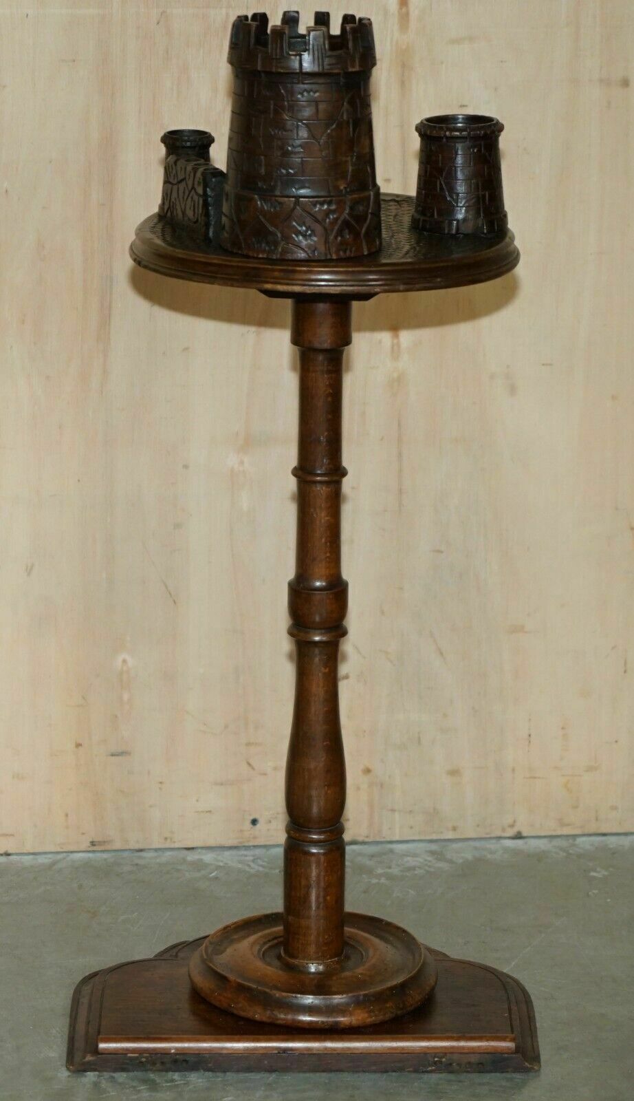 photo buy Antique Victorian Smokers Side Table Depicting Castles For Pipes Tobacco Cigars