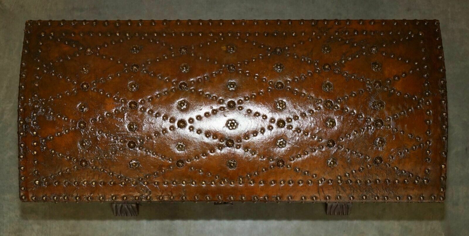 Stunning Restored Antique Victorian Hand Studded Brown Leather Steamer Trunk photo for sale