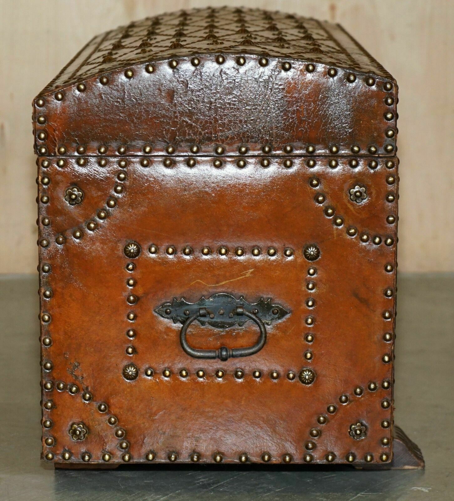 photo buy Stunning Restored Antique Victorian Hand Studded Brown Leather Steamer Trunk