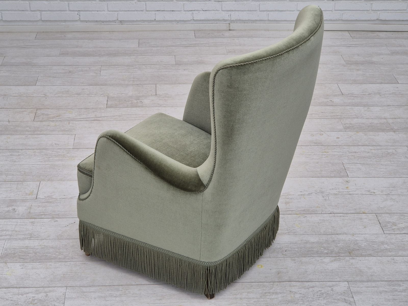 photo vinterior 1970s, Danish Armchair, Velour, Beech Wood, Original Excellent Condition.
