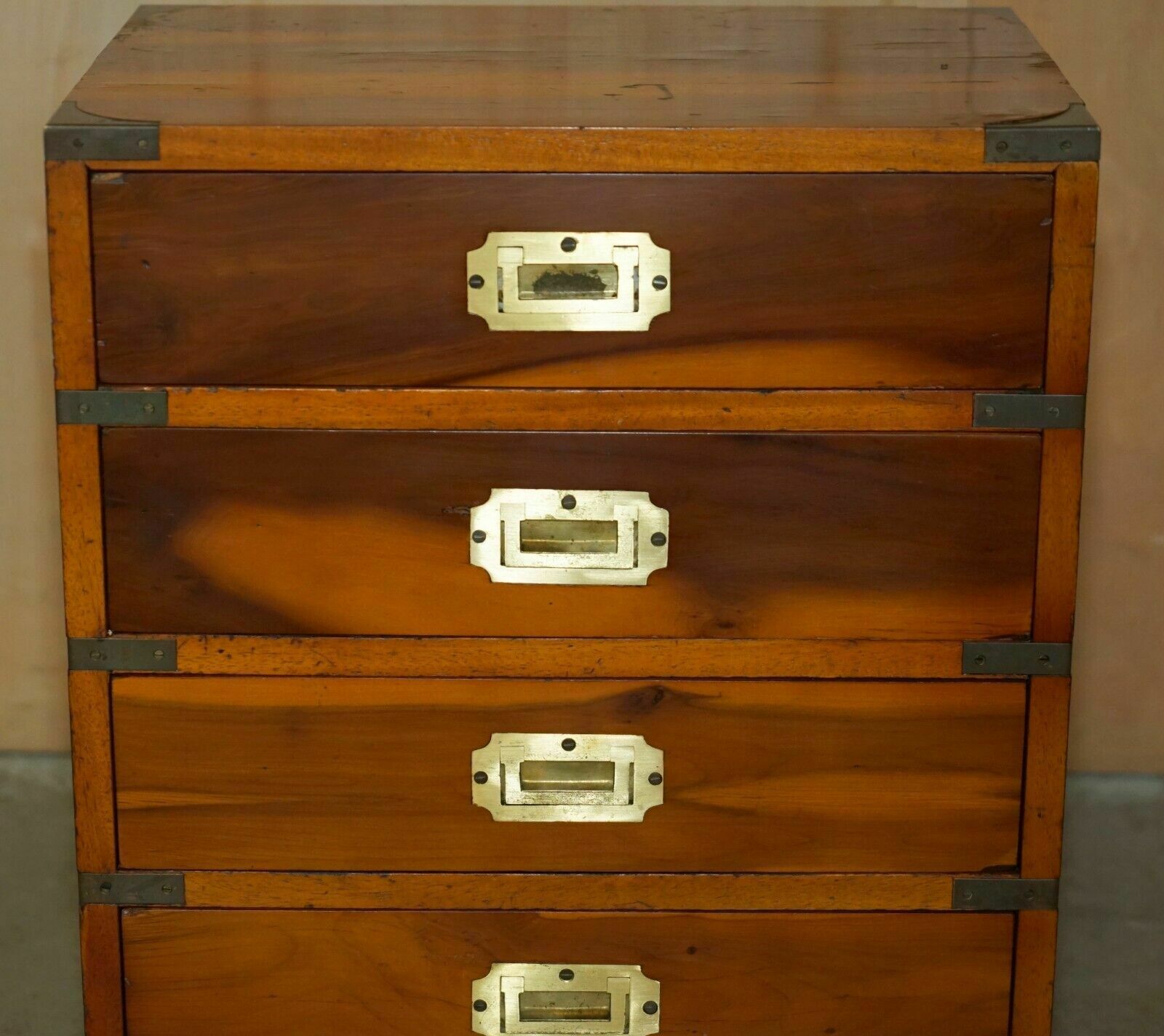 Pair Of Vintage Distressed Military Campaign Burr Yew Wood Side Table Drawers photo 1950.0