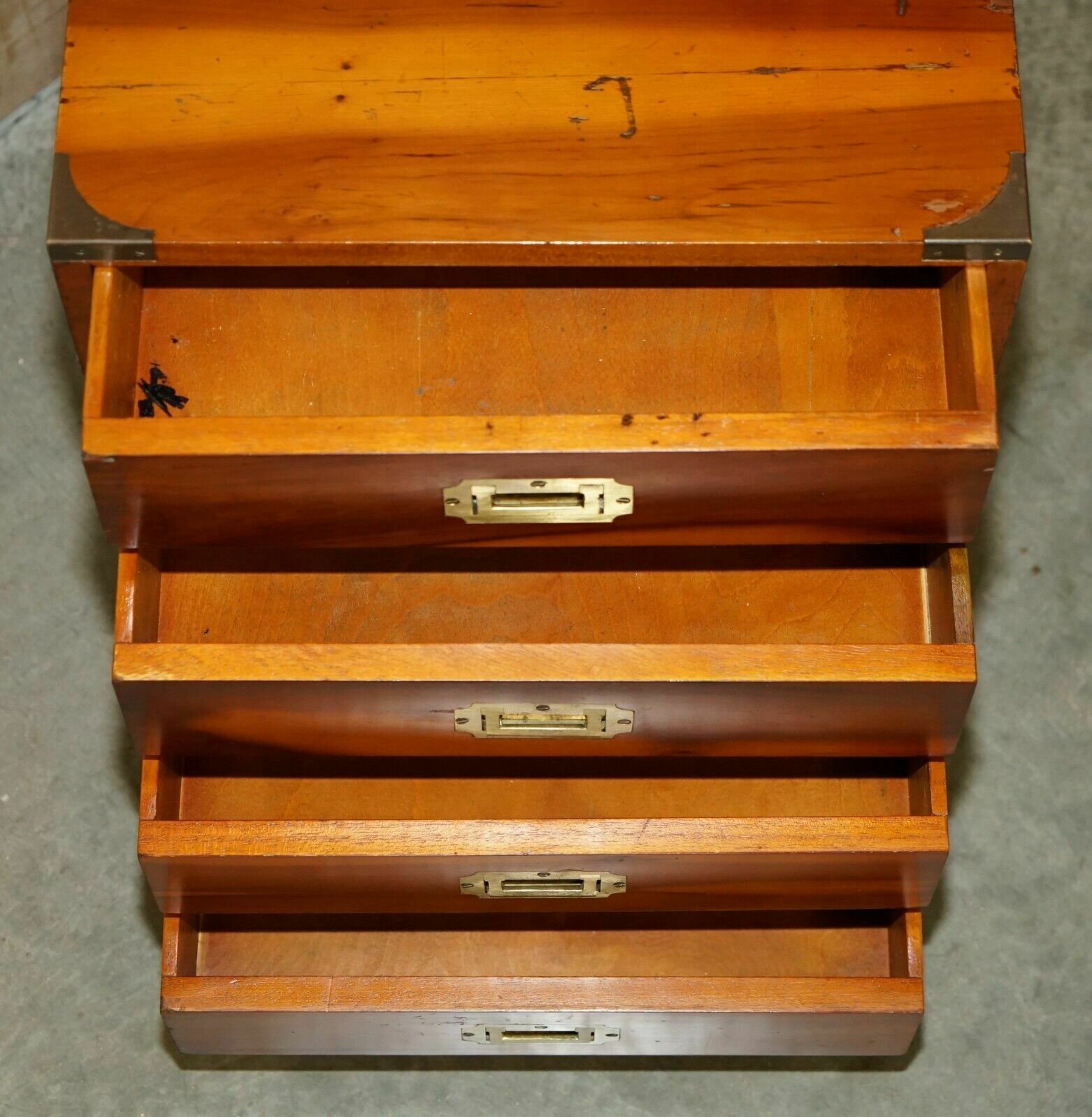 Furniture Pair Of Vintage Distressed Military Campaign Burr Yew Wood Side Table Drawers photo