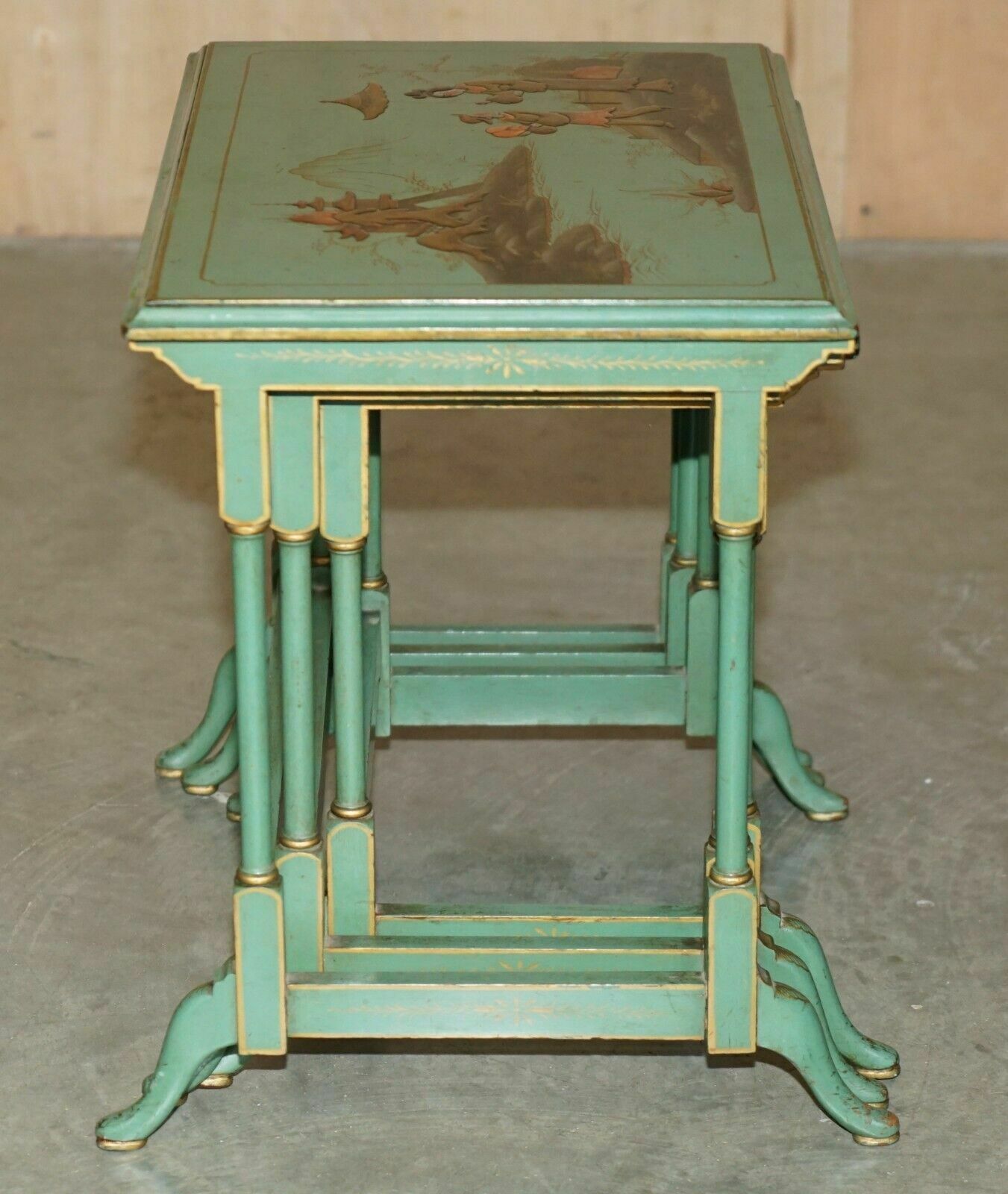 Furniture Nest Of Three Antique Circa 1920 Chinese Chinoiserie Side Tables Hand Painted photo