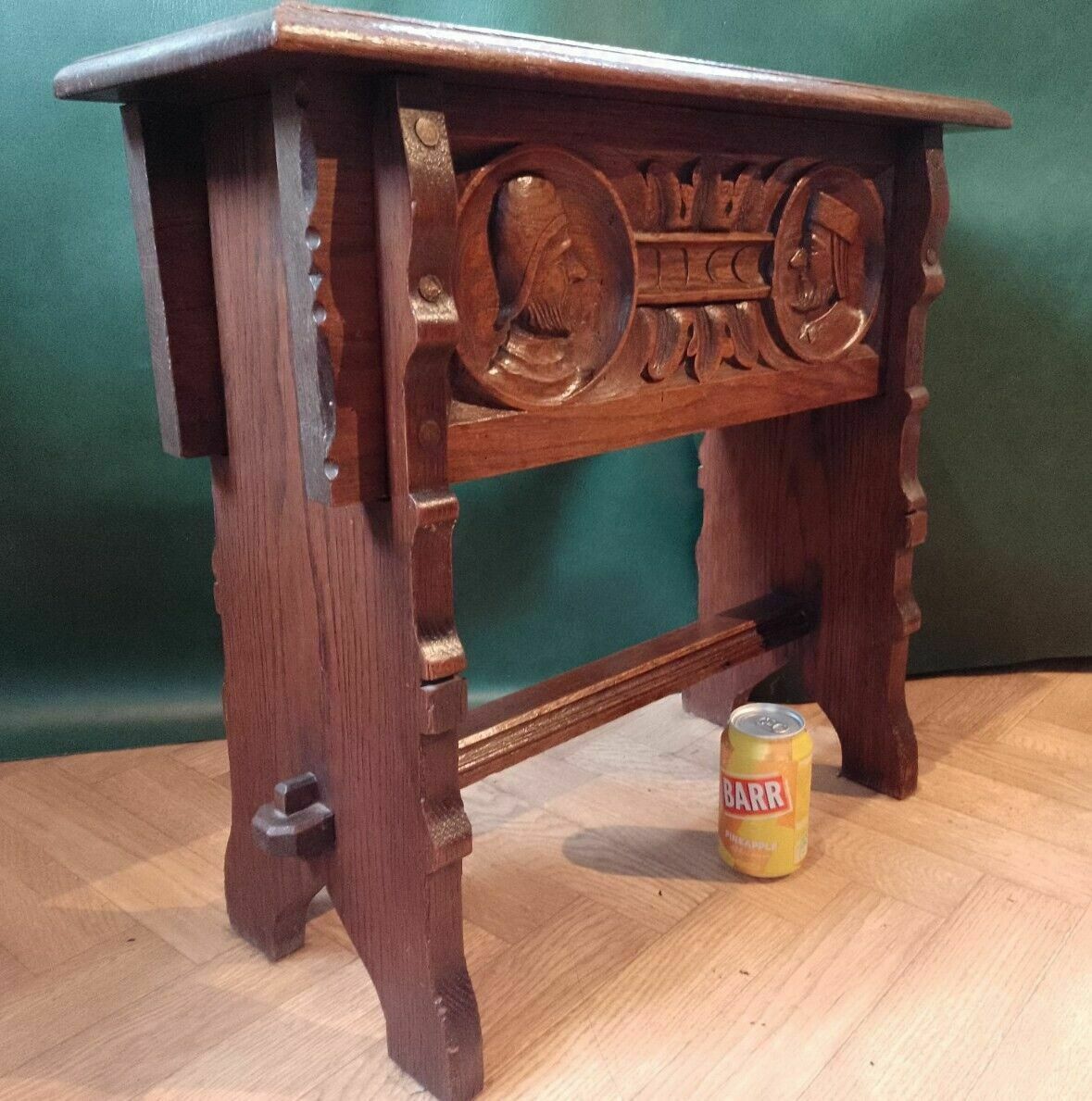 Antique Oak Carved Jointed Lidded Box Stool Sewing Side Table Elizabethan Style photo vintage