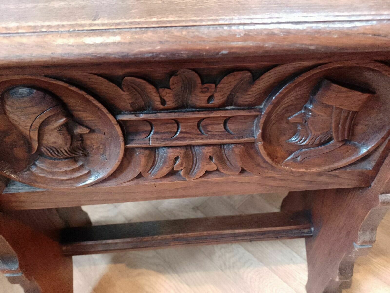 Furniture Antique Oak Carved Jointed Lidded Box Stool Sewing Side Table Elizabethan Style photo
