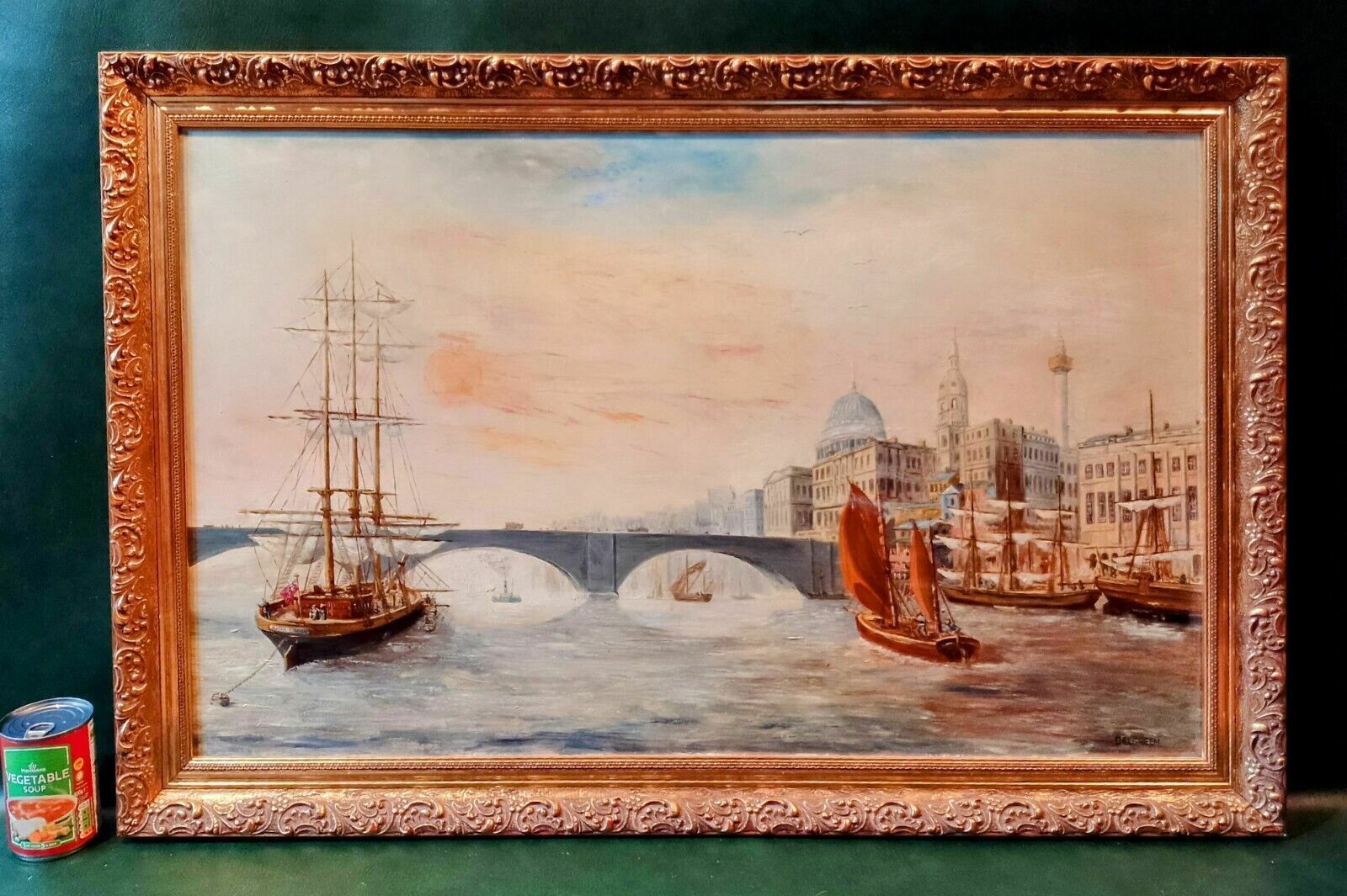 Antique Style Large Signed Oil Painting Ships Thames London St Paul's Cathedral photo furniture