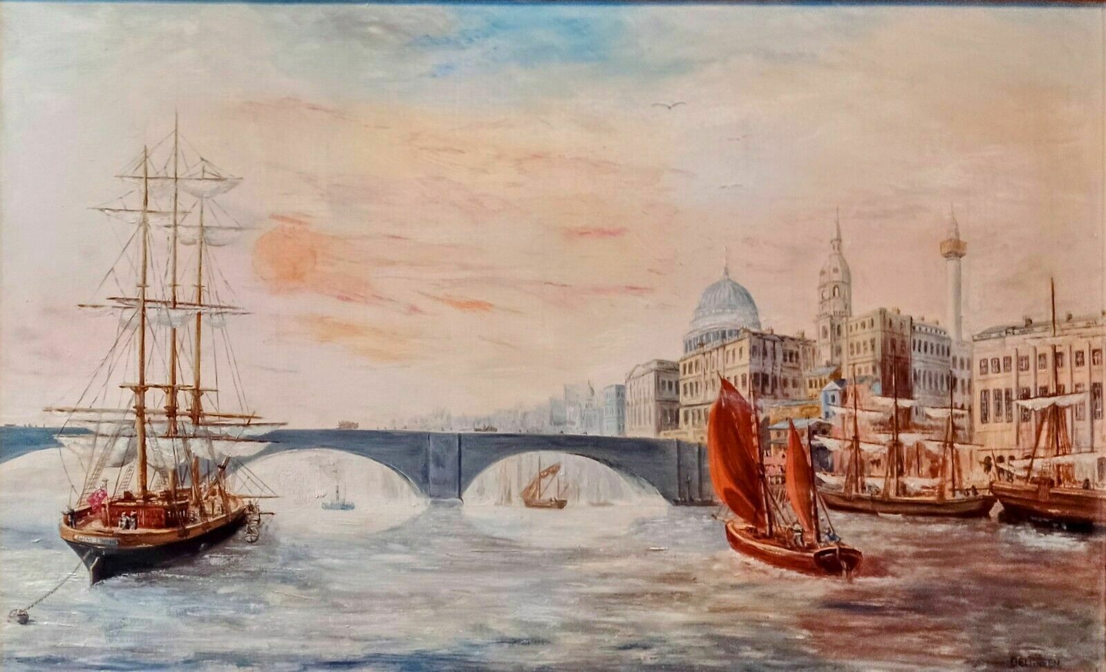 Art Antique Style Large Signed Oil Painting Ships Thames London St Paul's Cathedral photo