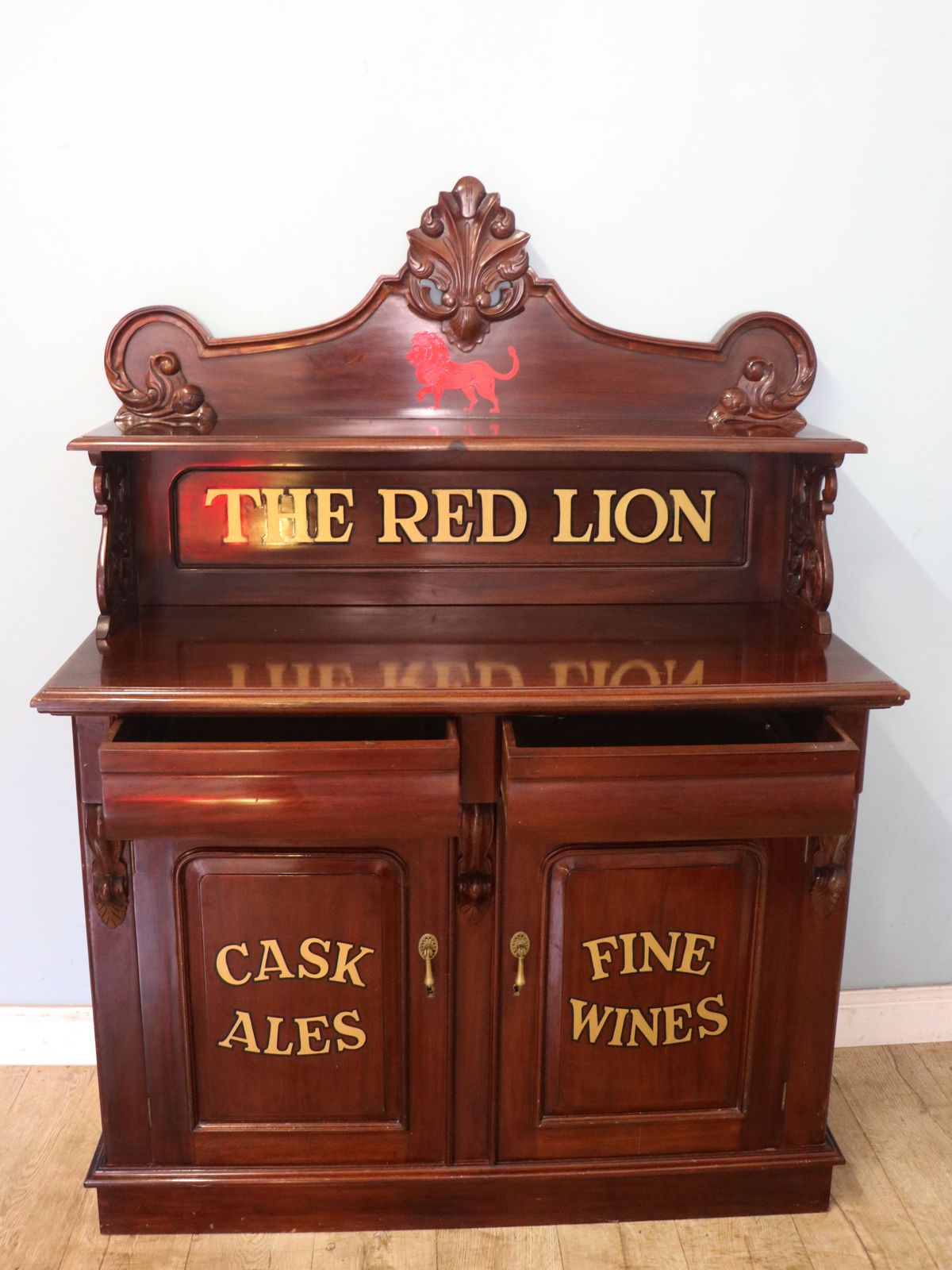 A Very Nice Solid Mahogany Chiffonier Sideboard, Later Sign Written For The Red Lion Public House. photo for sale