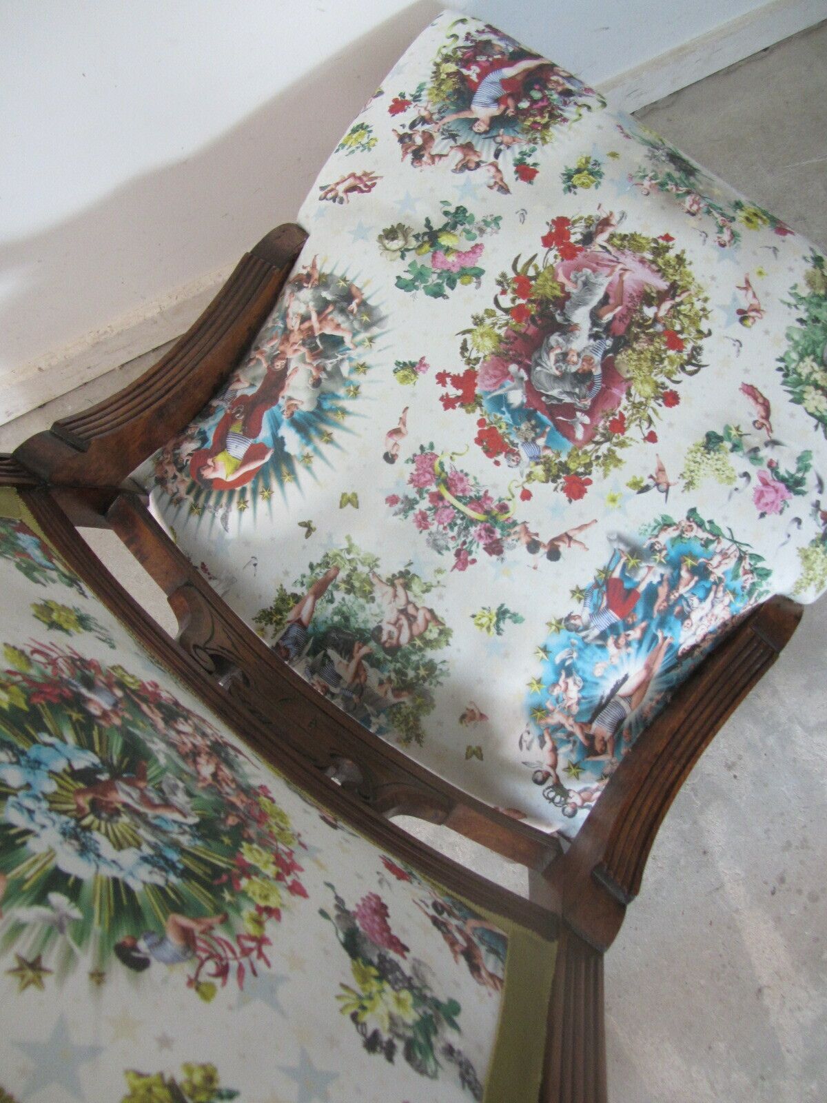 Antique Mahogany Nursing Chair, Traditionally Upholstered With Jean Paul Gaultier Fabric photo vinterior