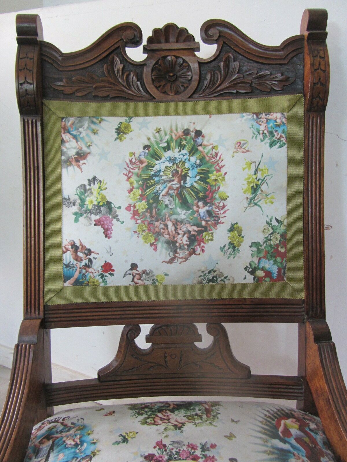 Furniture Antique Mahogany Nursing Chair, Traditionally Upholstered With Jean Paul Gaultier Fabric photo