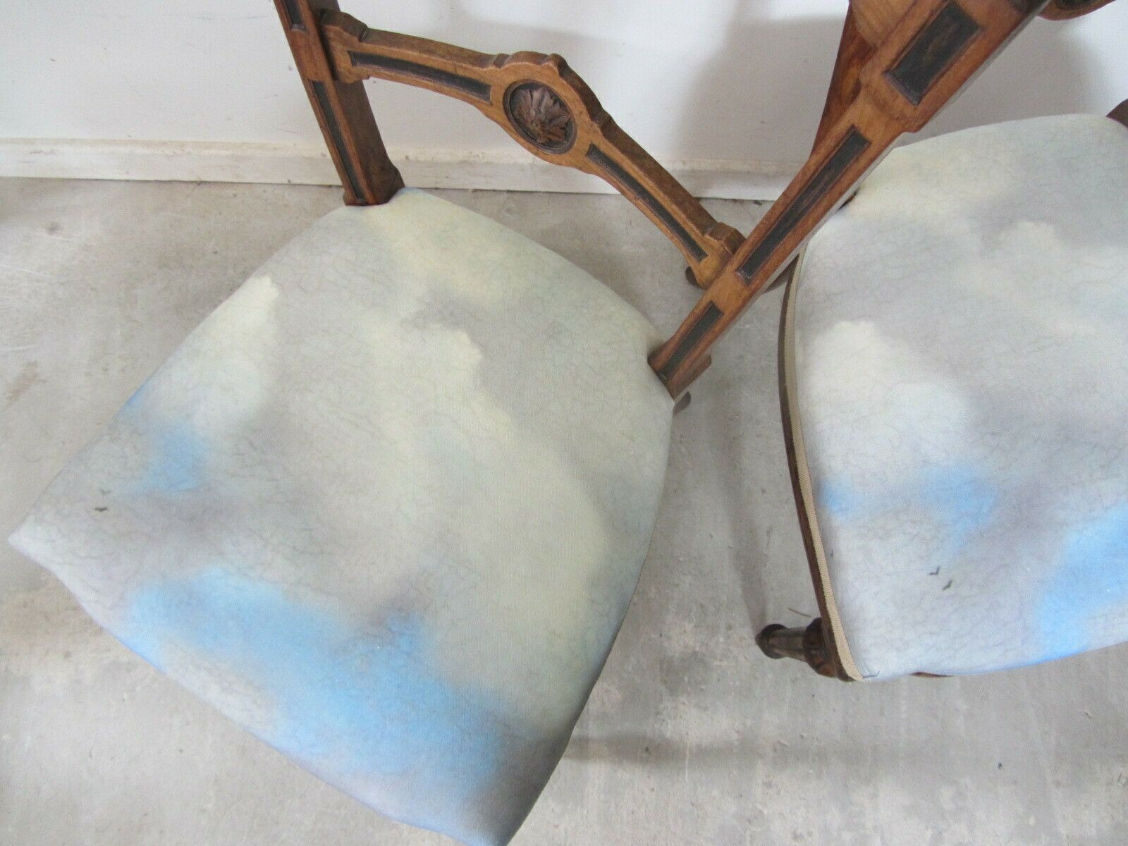 Pair Of Antique Aesthetic Movement Dining Chairs, Traditionally Upholstered With Blue Cloudscape Cotton Fabric photo for sale