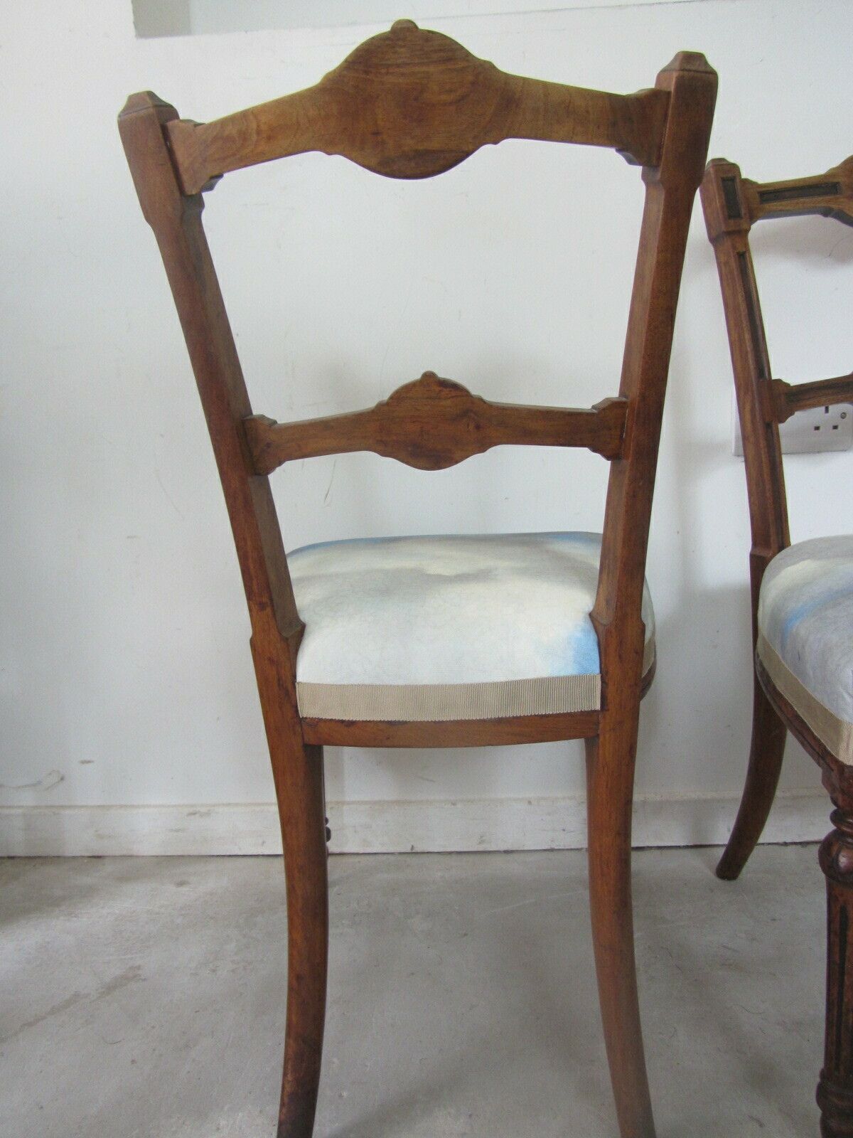 Pair Of Antique Aesthetic Movement Dining Chairs, Traditionally Upholstered With Blue Cloudscape Cotton Fabric photo vintage