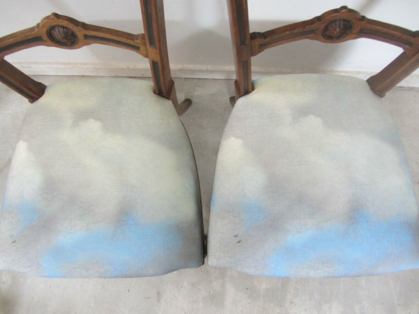 photo furniture Pair Of Antique Aesthetic Movement Dining Chairs, Traditionally Upholstered With Blue Cloudscape Cotton Fabric