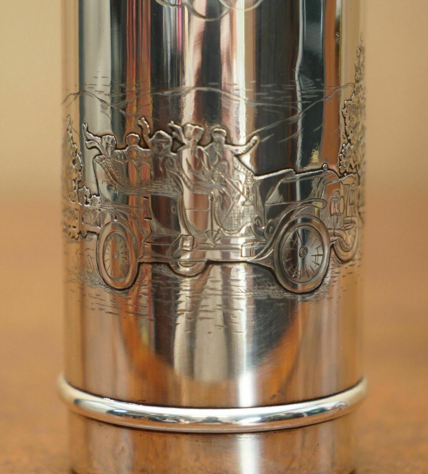 Super Rare Antique Edwardian Sterling Silver Flask Depicting People Racing Cars photo 2350.0