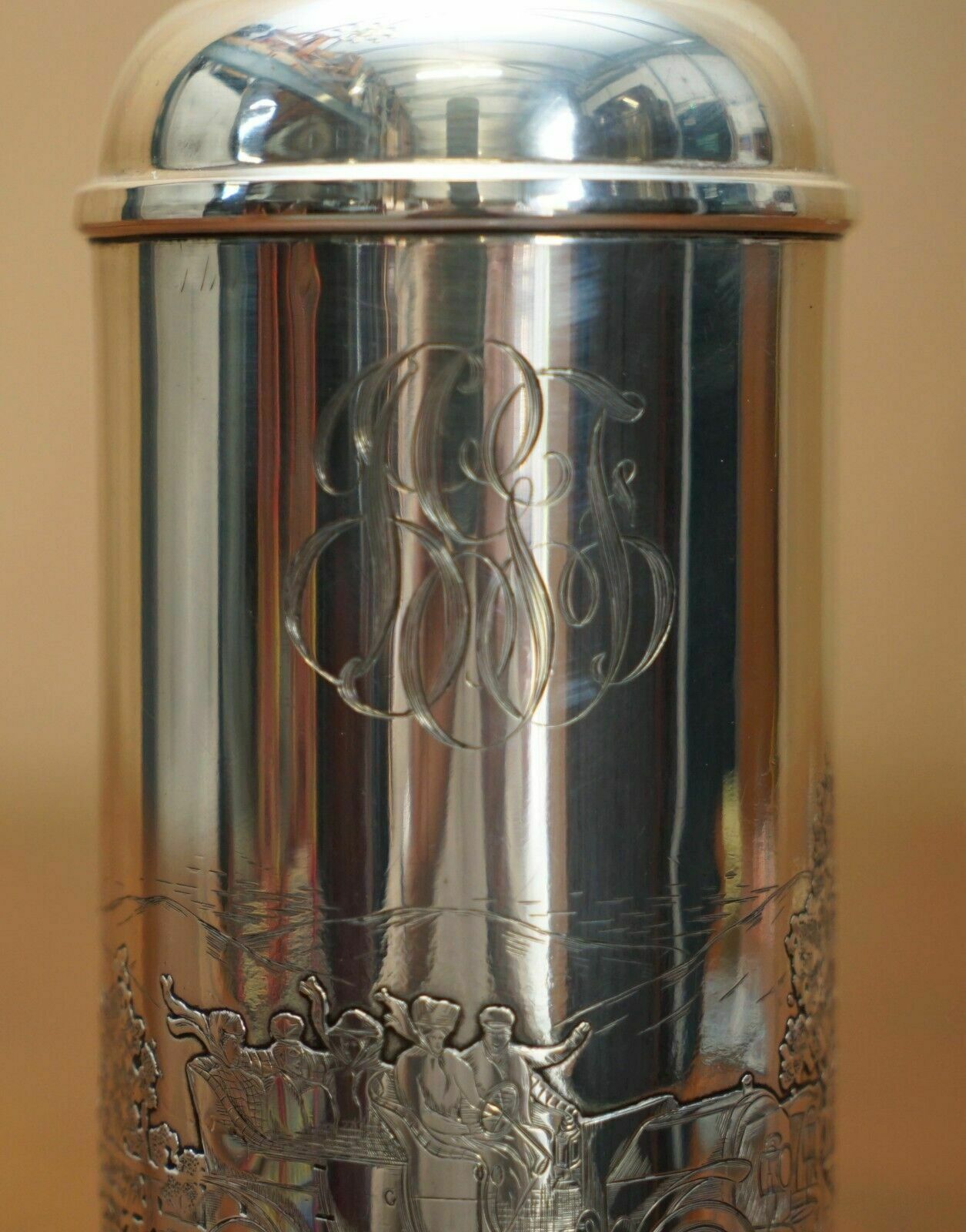 Super Rare Antique Edwardian Sterling Silver Flask Depicting People Racing Cars photo vinterior