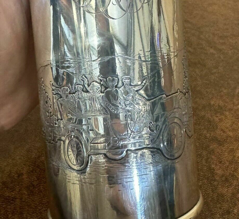 photo buy Super Rare Antique Edwardian Sterling Silver Flask Depicting People Racing Cars