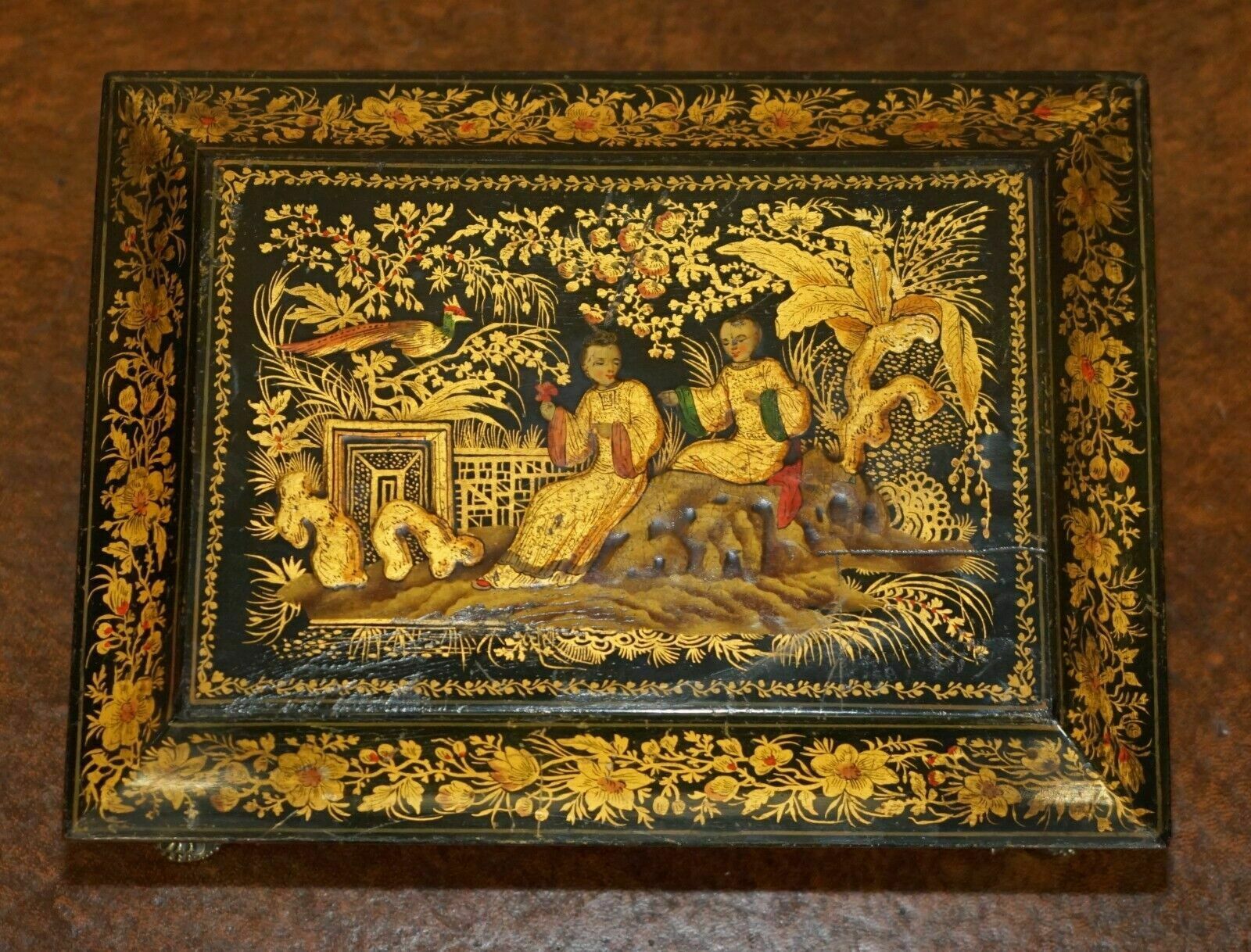 Sublime Antique English Georgian 1820 Chinese Chinoiserie Penwork Jewellery Box photo Home Decor