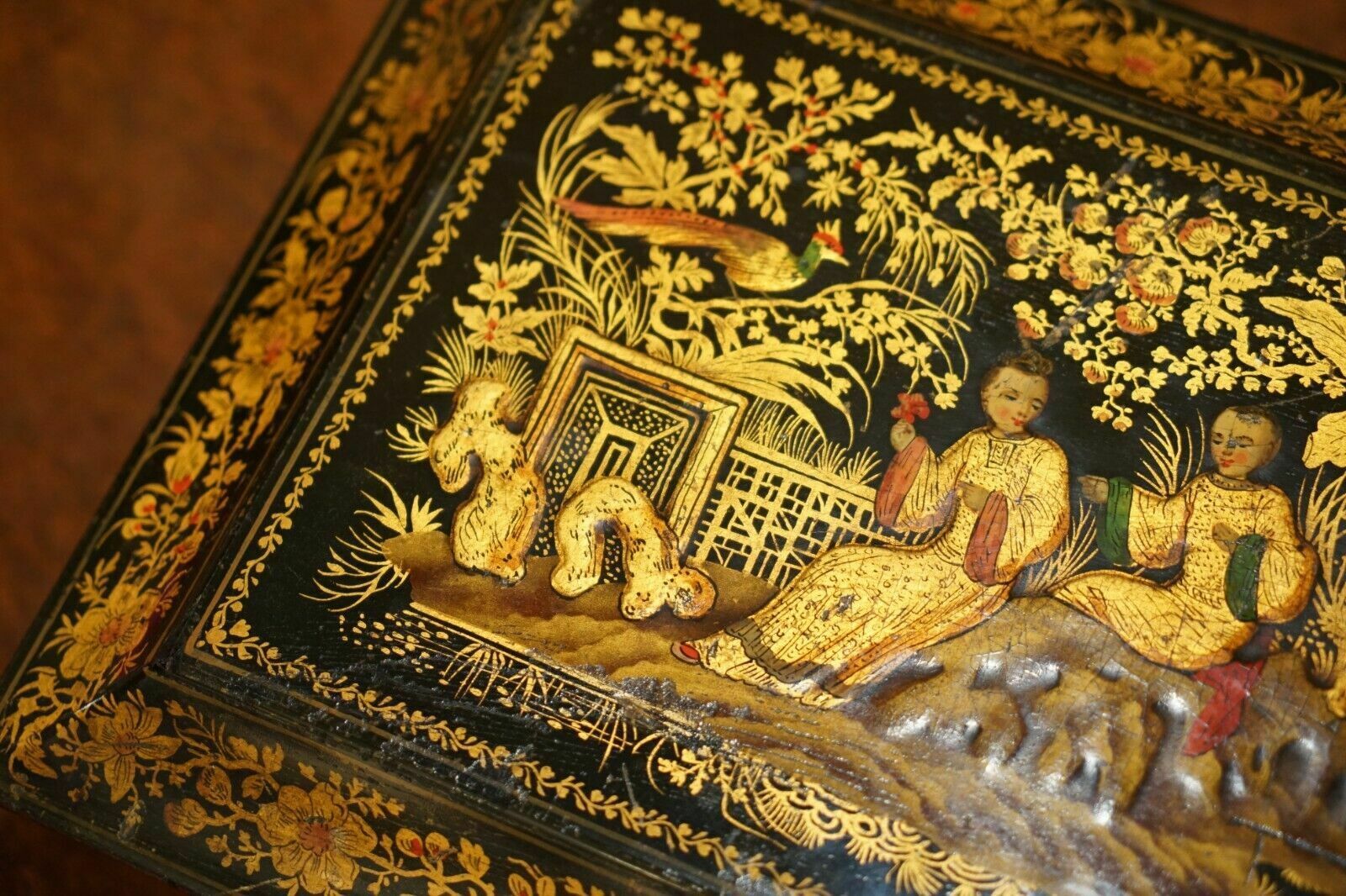 Sublime Antique English Georgian 1820 Chinese Chinoiserie Penwork Jewellery Box photo vinterior