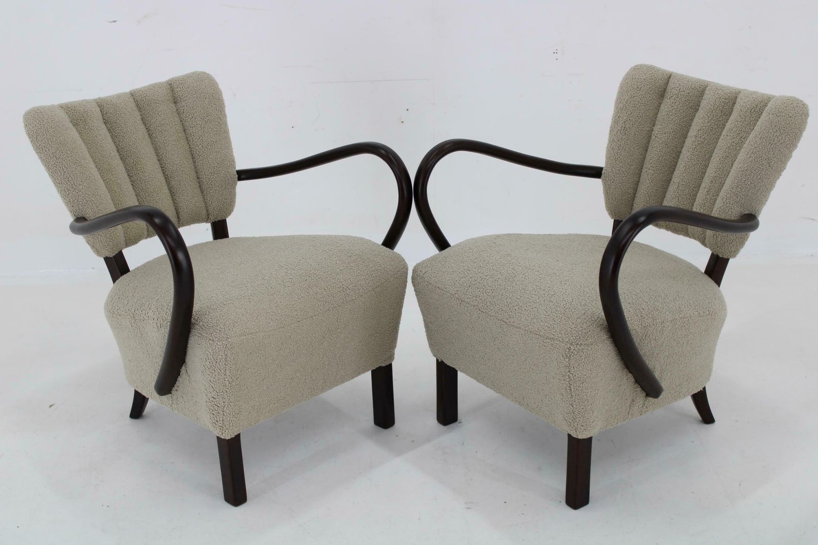 1930s Pair Of Jindrich Halabala Art Deco H 237 Armchairs In Bouclé, Restored photo for sale