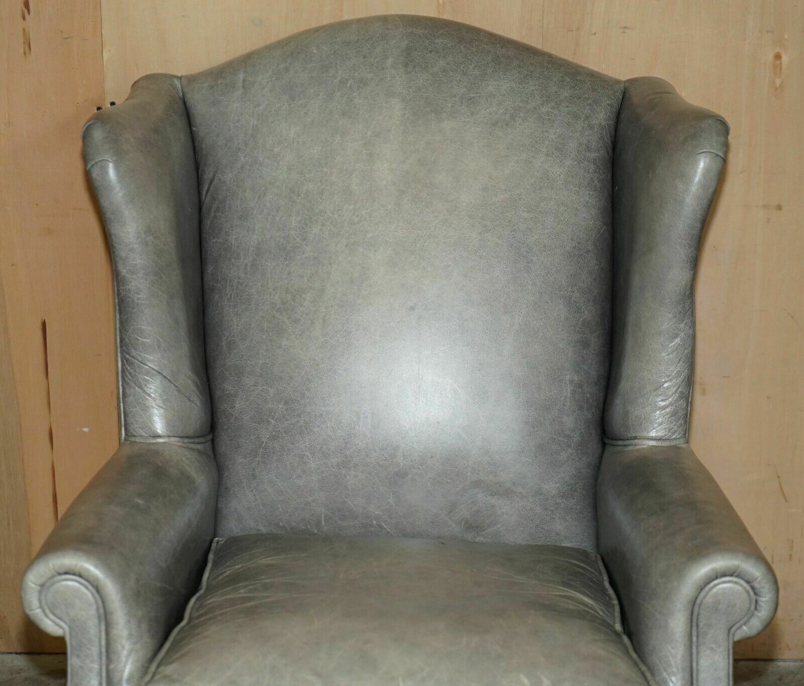 Luxury Pair Of Contemporary Grey Blue Leather Wingback Armchairs Ebonised Legs photo Furniture