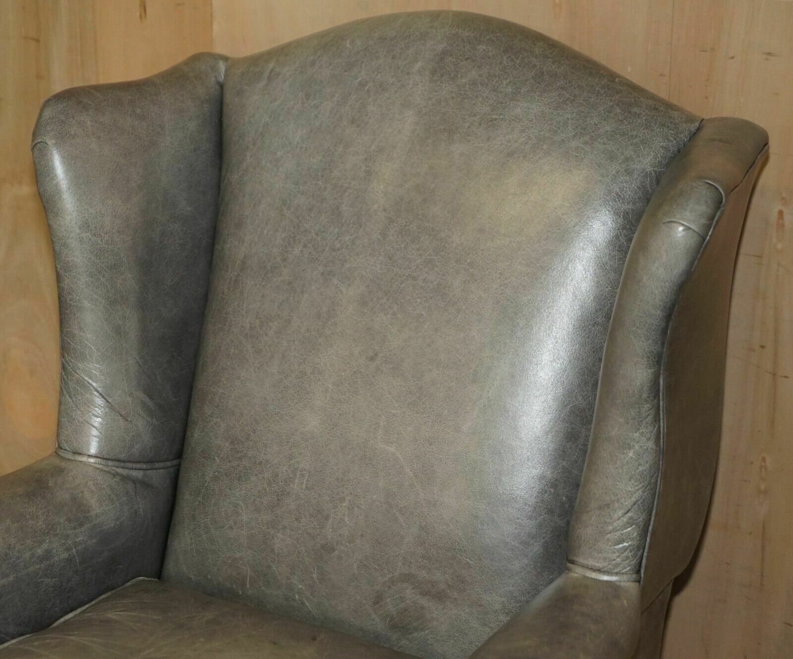 Luxury Pair Of Contemporary Grey Blue Leather Wingback Armchairs Ebonised Legs photo 1750.0