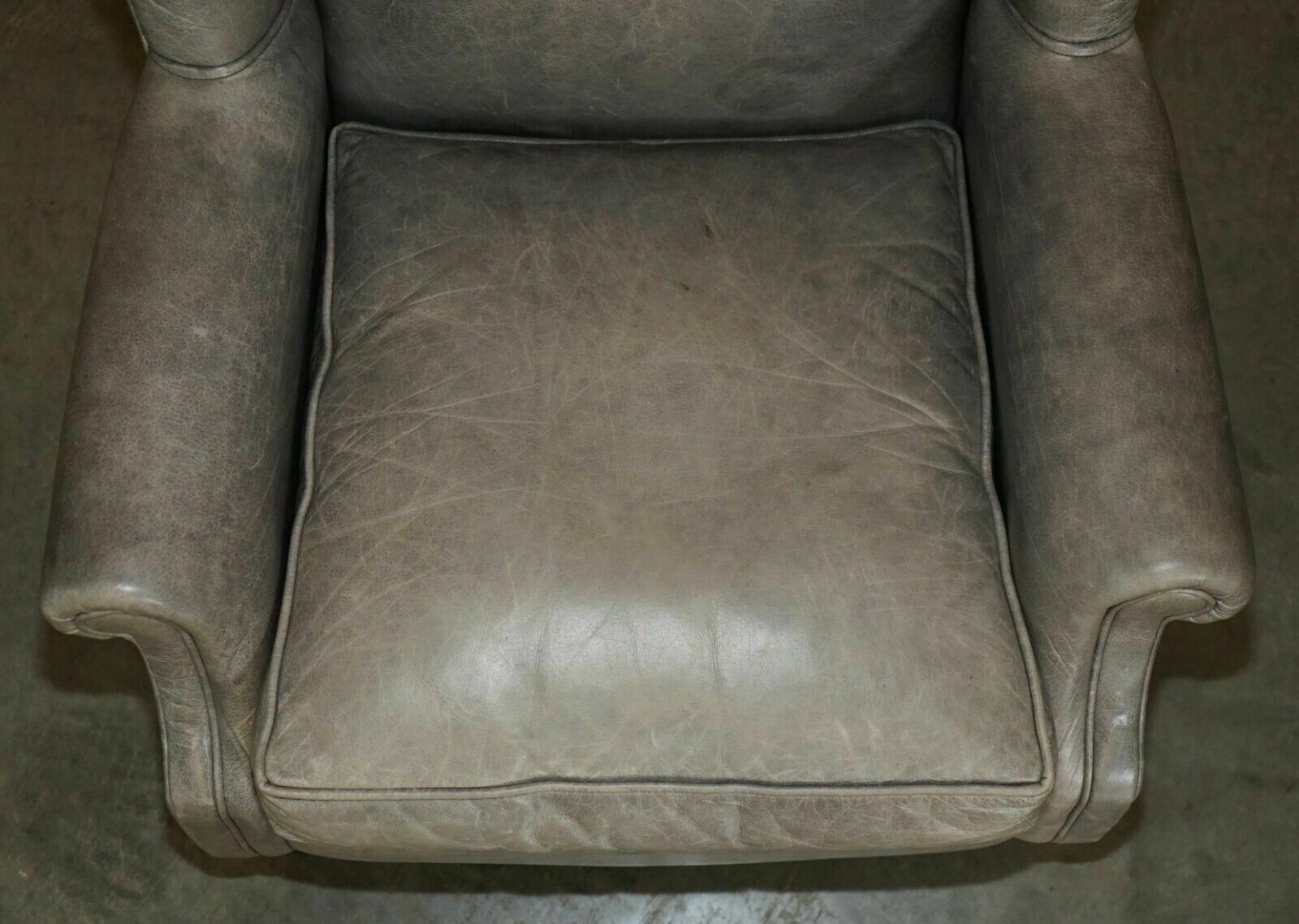 Luxury Pair Of Contemporary Grey Blue Leather Wingback Armchairs Ebonised Legs photo vinterior