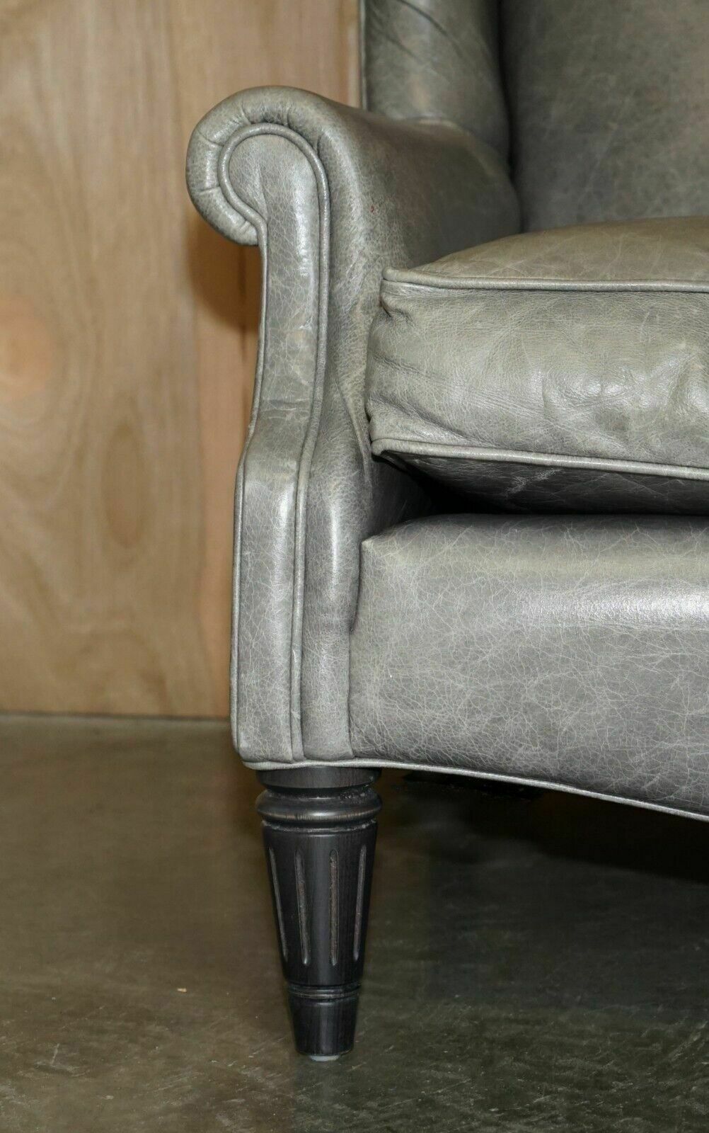 photo furniture Luxury Pair Of Contemporary Grey Blue Leather Wingback Armchairs Ebonised Legs