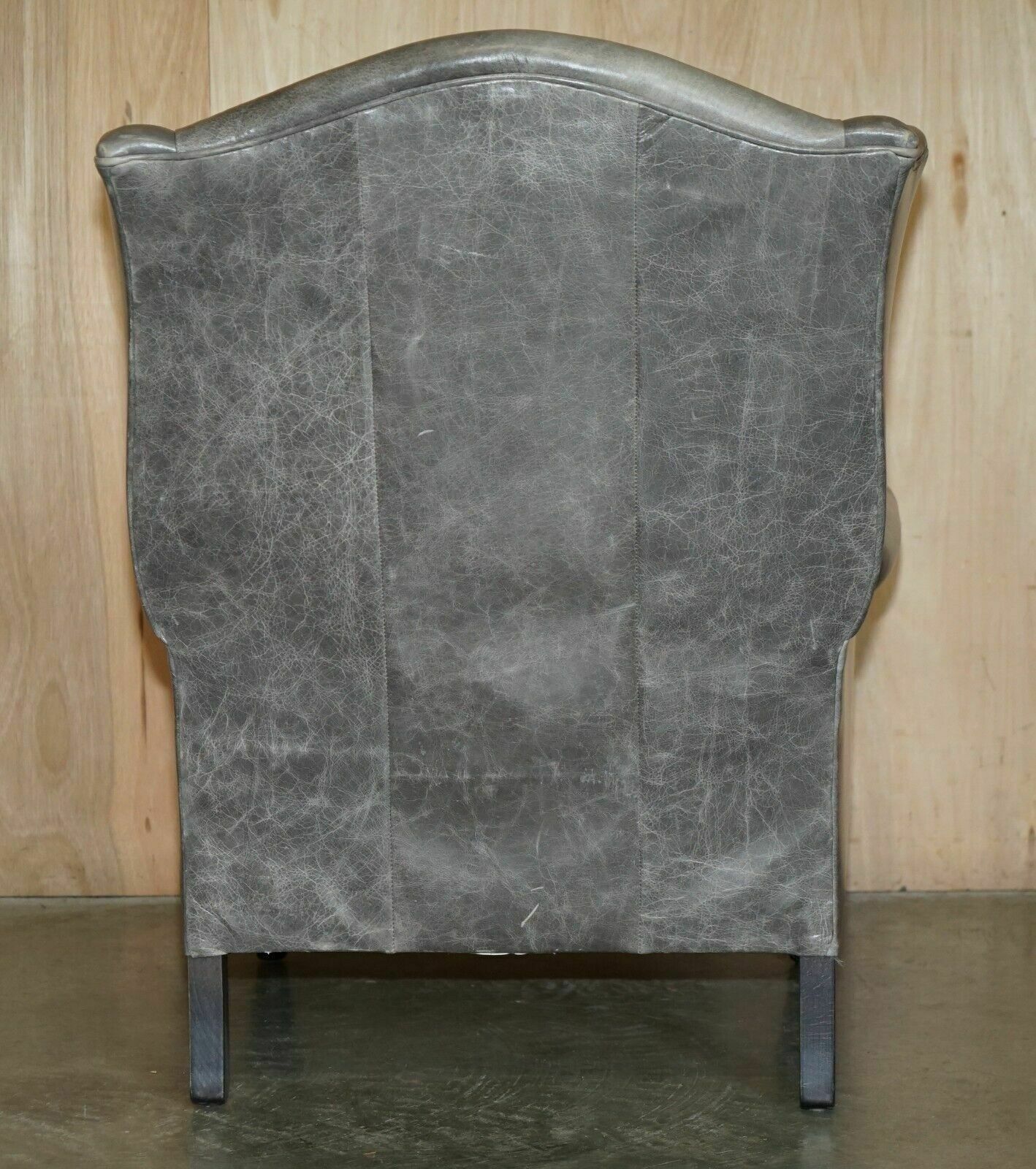 1750.0 Luxury Pair Of Contemporary Grey Blue Leather Wingback Armchairs Ebonised Legs photo