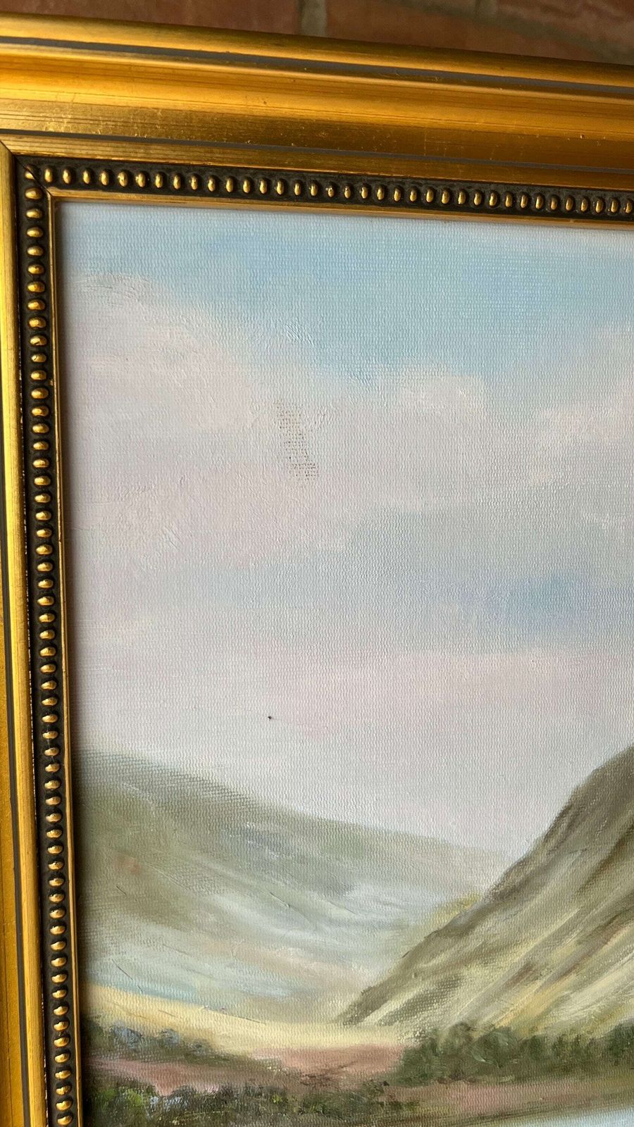 Original Signed & Framed Landscape Oil Painting Depicting A Lake By A Mountain photo for sale