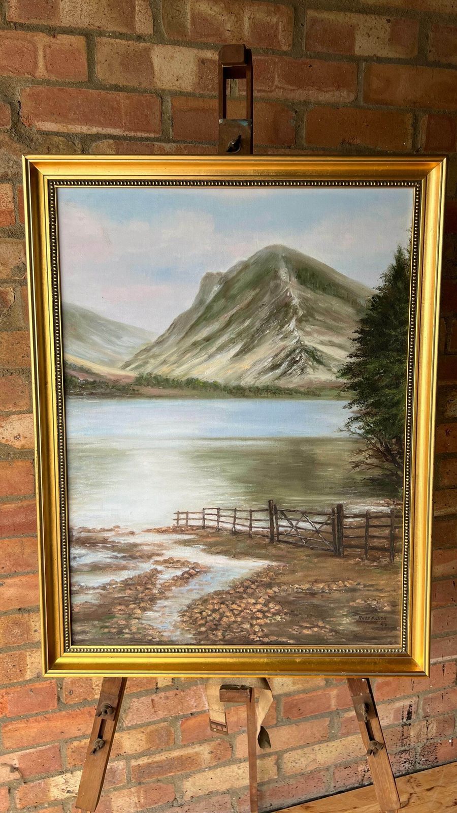 Original Signed & Framed Landscape Oil Painting Depicting A Lake By A Mountain photo vintage