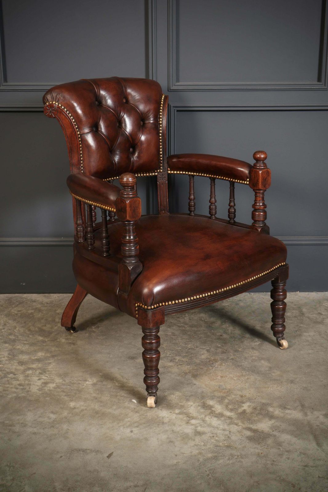 Pair Of Victorian Mahogany & Buttoned Leather Captains Desk Chairs photo for sale