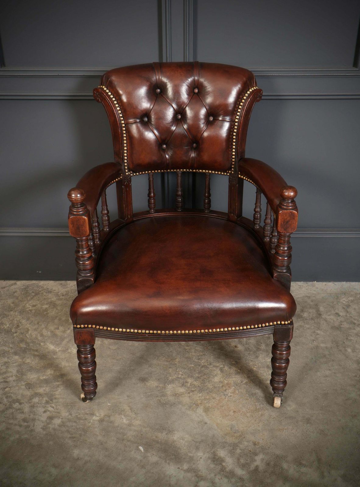 Pair Of Victorian Mahogany & Buttoned Leather Captains Desk Chairs photo buy