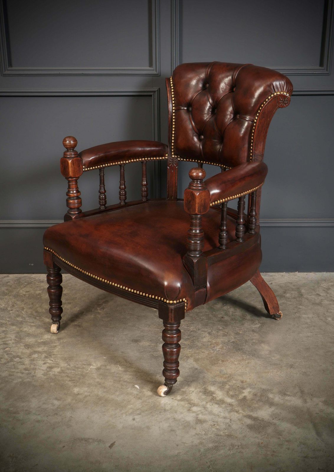 photo for sale Pair Of Victorian Mahogany & Buttoned Leather Captains Desk Chairs