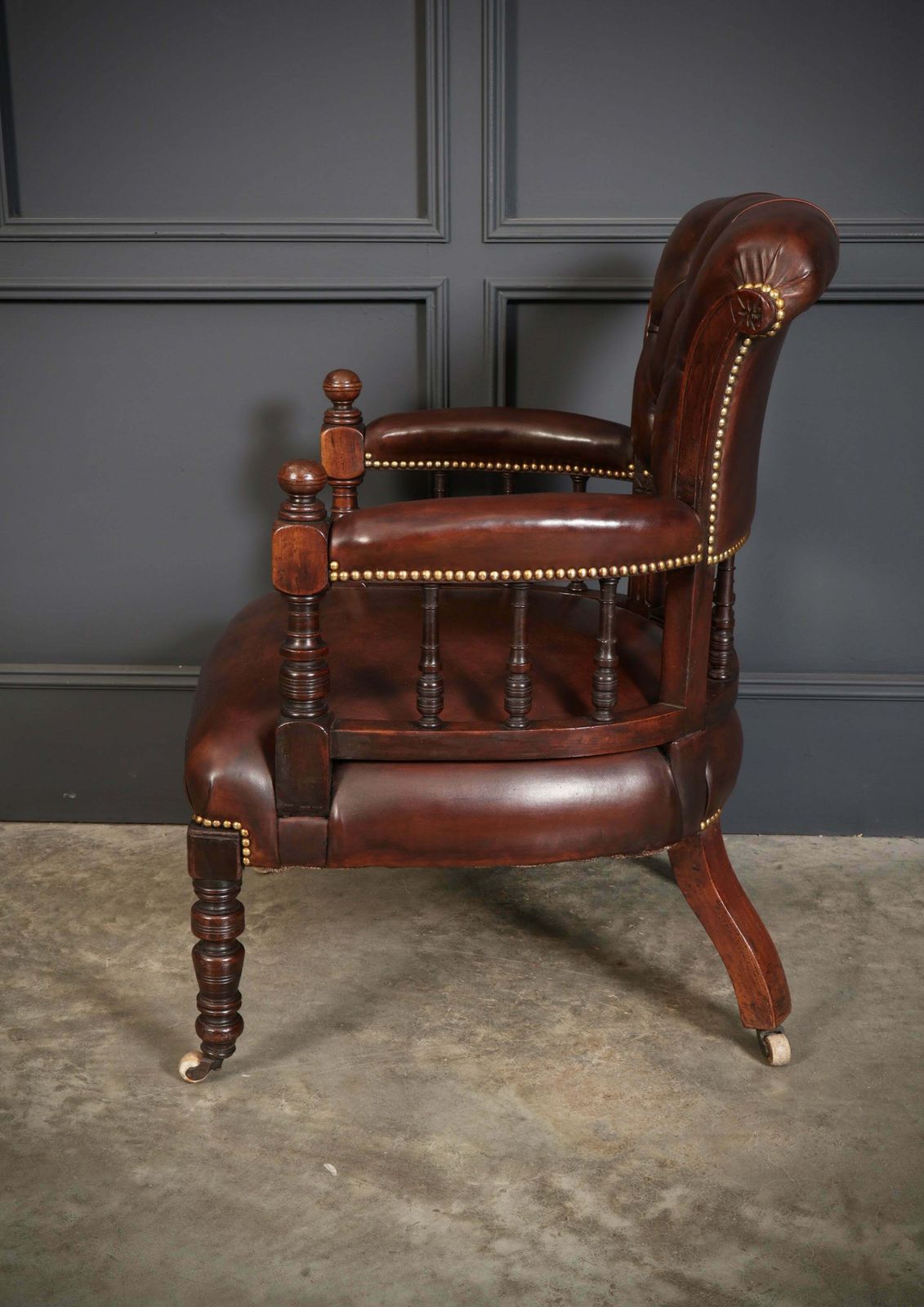 Furniture Pair Of Victorian Mahogany & Buttoned Leather Captains Desk Chairs photo