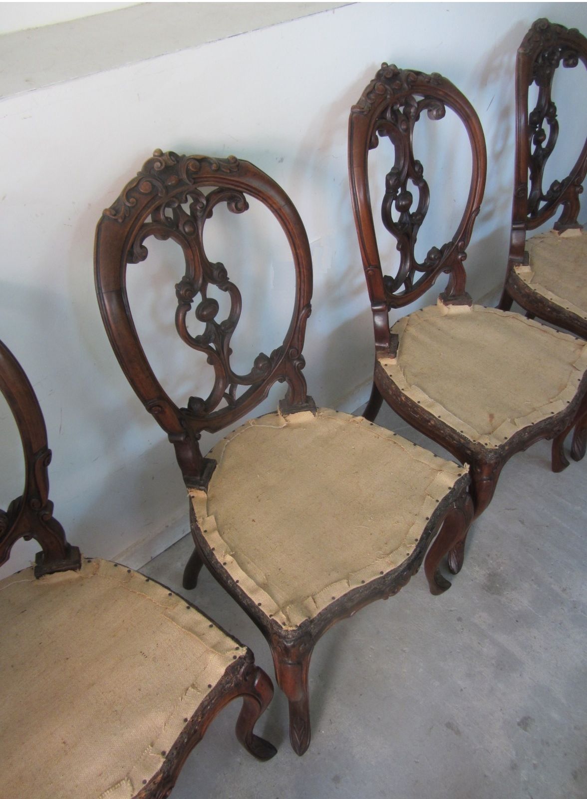 Four Victorian Walnut Balloon Back Chairs, Including Completed Upholstery With Fabric Choice photo for sale